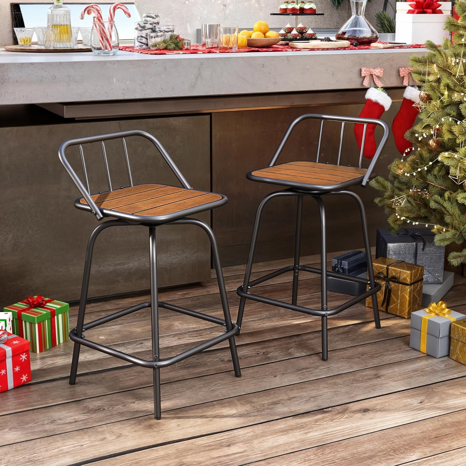 Outdoor Bar Stools Set of 2 Swivel Barstools, 24" Bar Height Outdoor Chairs with Back and Footrest, All-Weather 360 Rotating Patio Bar Stools for Bar, Kitchen Island, Wood