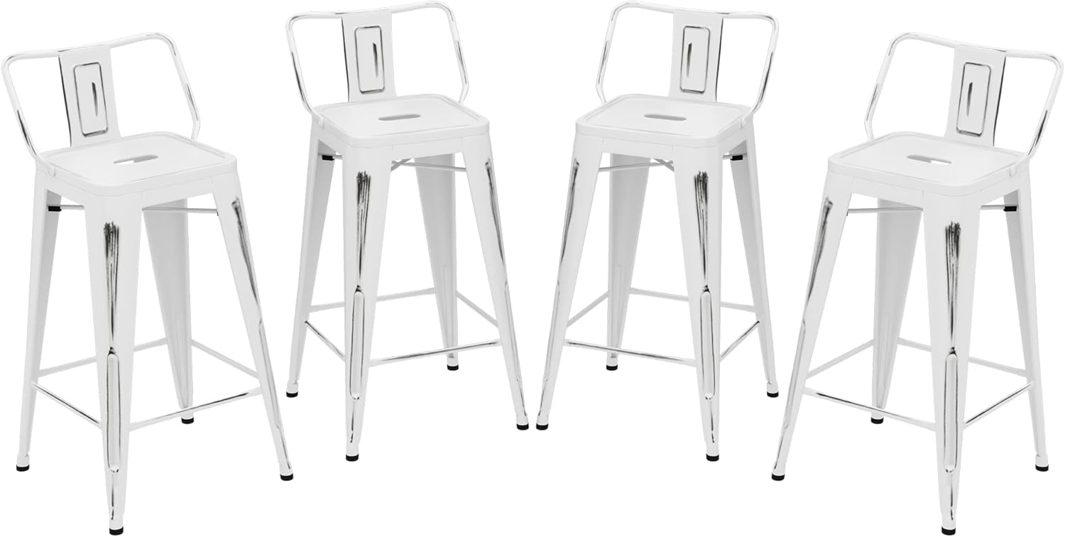 Distressed Bar Stools Set of 4 Industrial Counter Stools Metal Barstools for Indoor-Outdoor (24 inch, White)