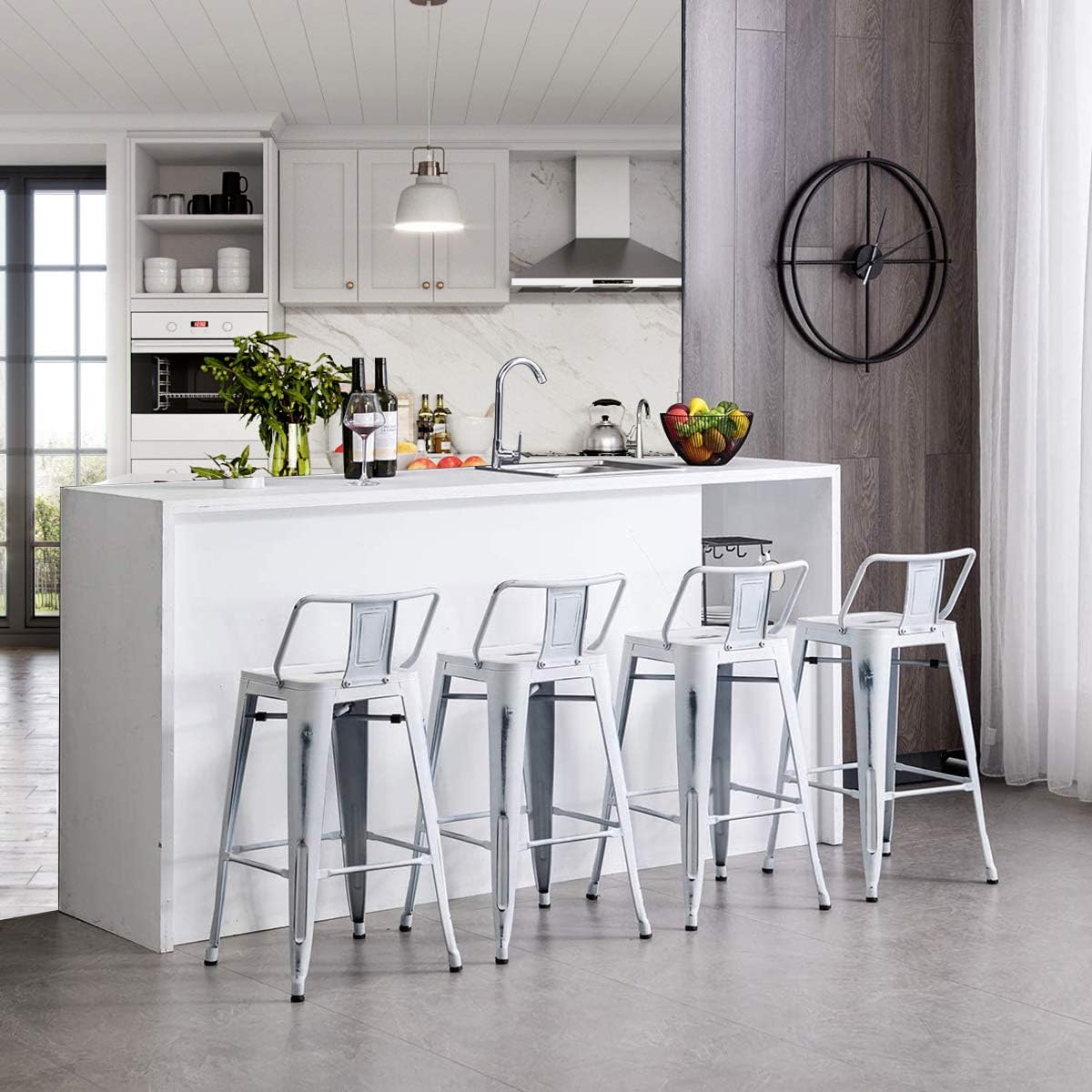 Distressed Bar Stools Set of 4 Industrial Counter Stools Metal Barstools for Indoor-Outdoor (24 inch, White)