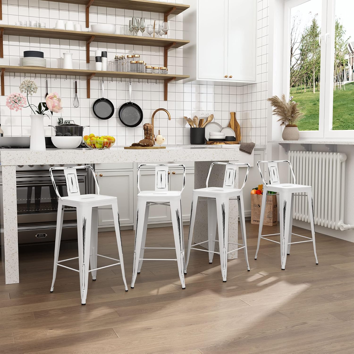 Distressed Bar Stools Set of 4 Industrial Counter Stools Metal Barstools for Indoor-Outdoor (24 inch, White)