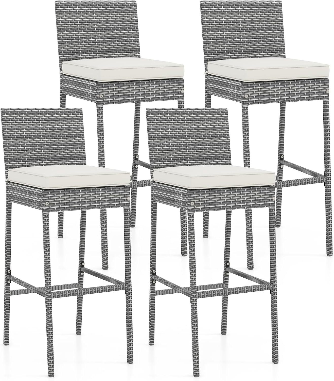 Set of 4 Patio Wicker Barstools, Outdoor Bar Height Chair w/Soft Seat Cushion & Cozy Footrest, Heavy-Duty Metal Frame, 400 lbs Max Load, Mix Brown Rattan Bar Chair