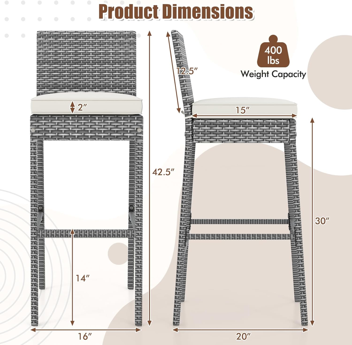 Set of 4 Patio Wicker Barstools, Outdoor Bar Height Chair w/Soft Seat Cushion & Cozy Footrest, Heavy-Duty Metal Frame, 400 lbs Max Load, Mix Brown Rattan Bar Chair