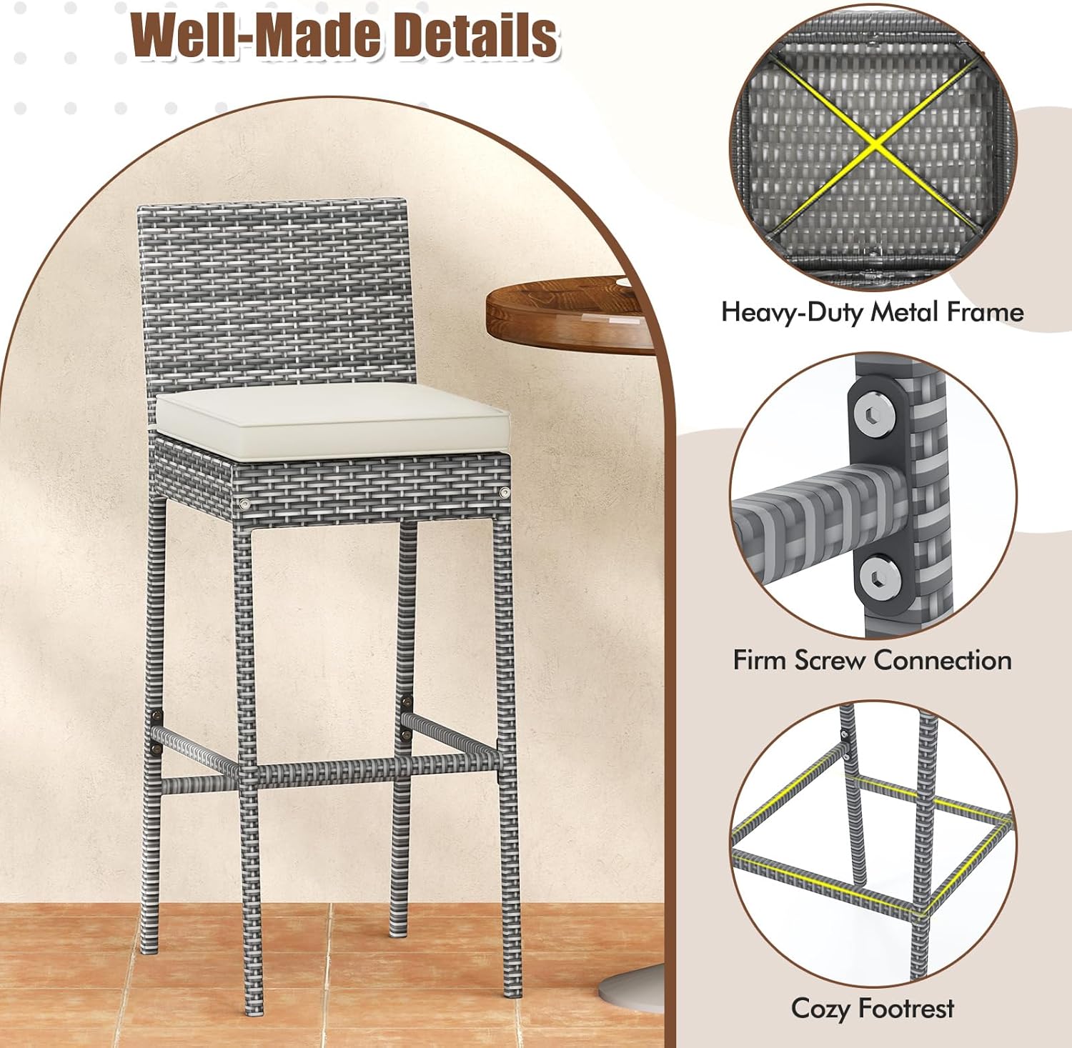 Set of 4 Patio Wicker Barstools, Outdoor Bar Height Chair w/Soft Seat Cushion & Cozy Footrest, Heavy-Duty Metal Frame, 400 lbs Max Load, Mix Brown Rattan Bar Chair