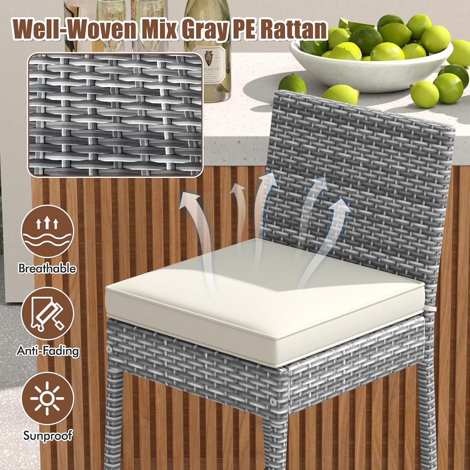 Set of 4 Patio Wicker Barstools, Outdoor Bar Height Chair w/Soft Seat Cushion & Cozy Footrest, Heavy-Duty Metal Frame, 400 lbs Max Load, Mix Brown Rattan Bar Chair