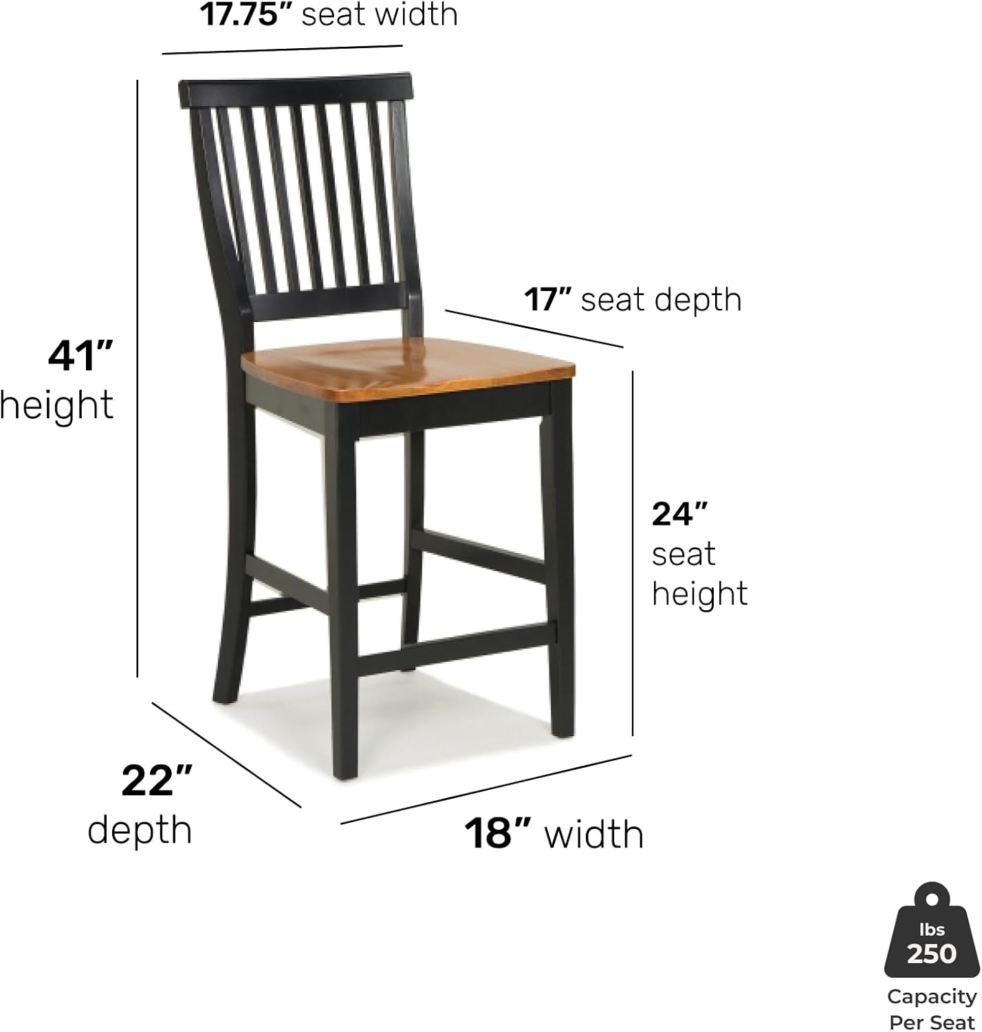 Wood Counter Stool with Slat Backs and Black and Rich Oak Seat Finish