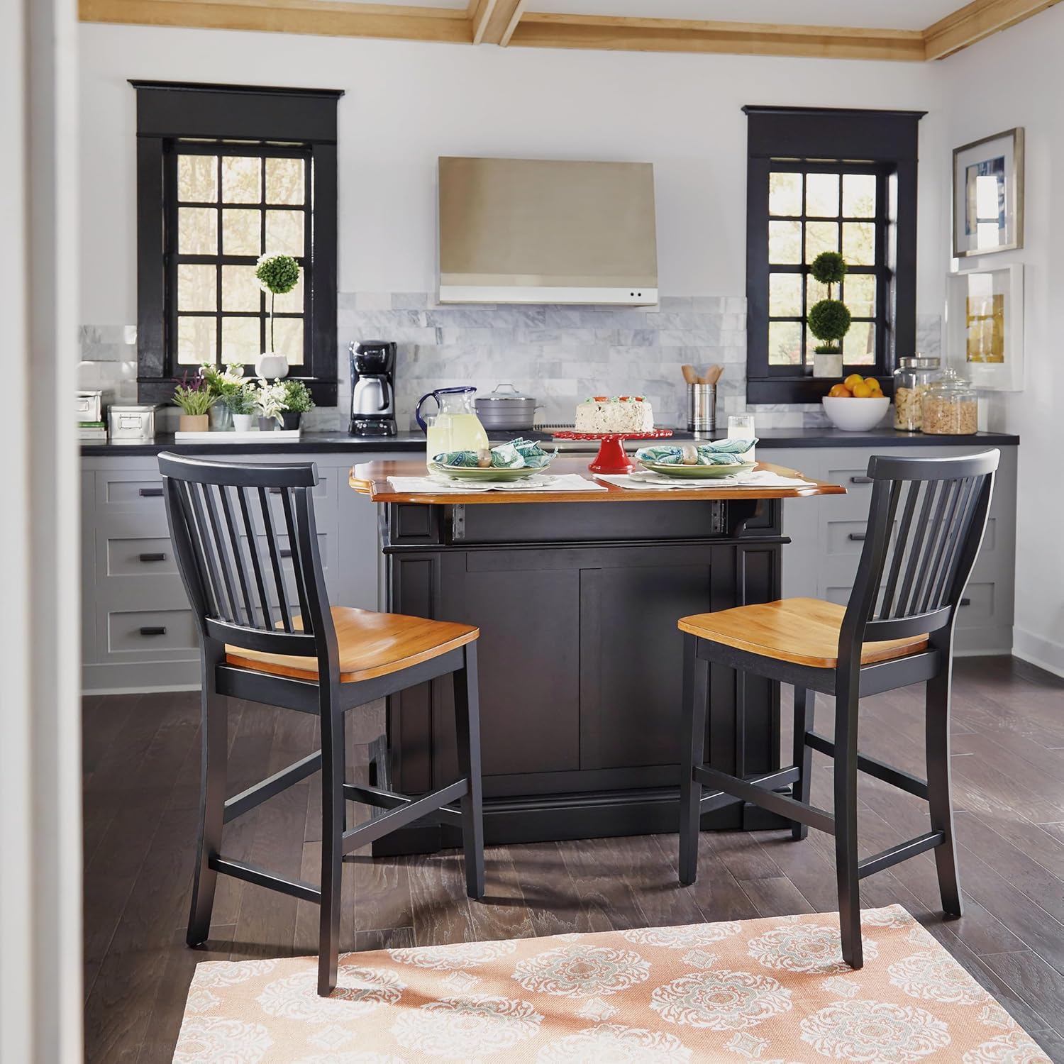 Wood Counter Stool with Slat Backs and Black and Rich Oak Seat Finish