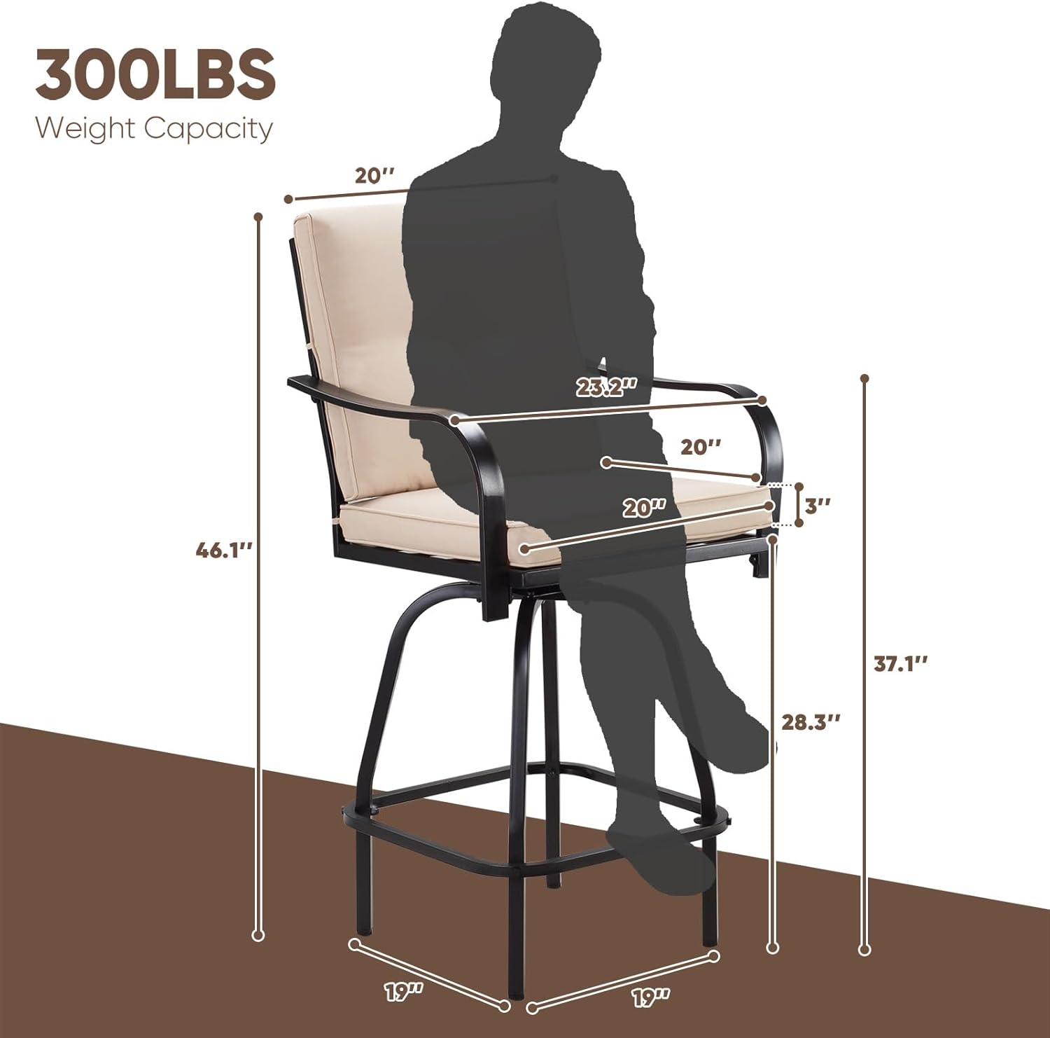 Patio Swivel Bar Stools Set of 2, Outdoor Bar Height Patio Swivel Chairs with Cushion for Garden Balcony Backyard (Beige)