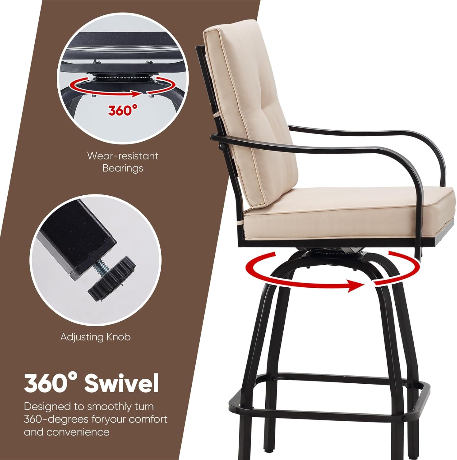 Patio Swivel Bar Stools Set of 2, Outdoor Bar Height Patio Swivel Chairs with Cushion for Garden Balcony Backyard (Beige)