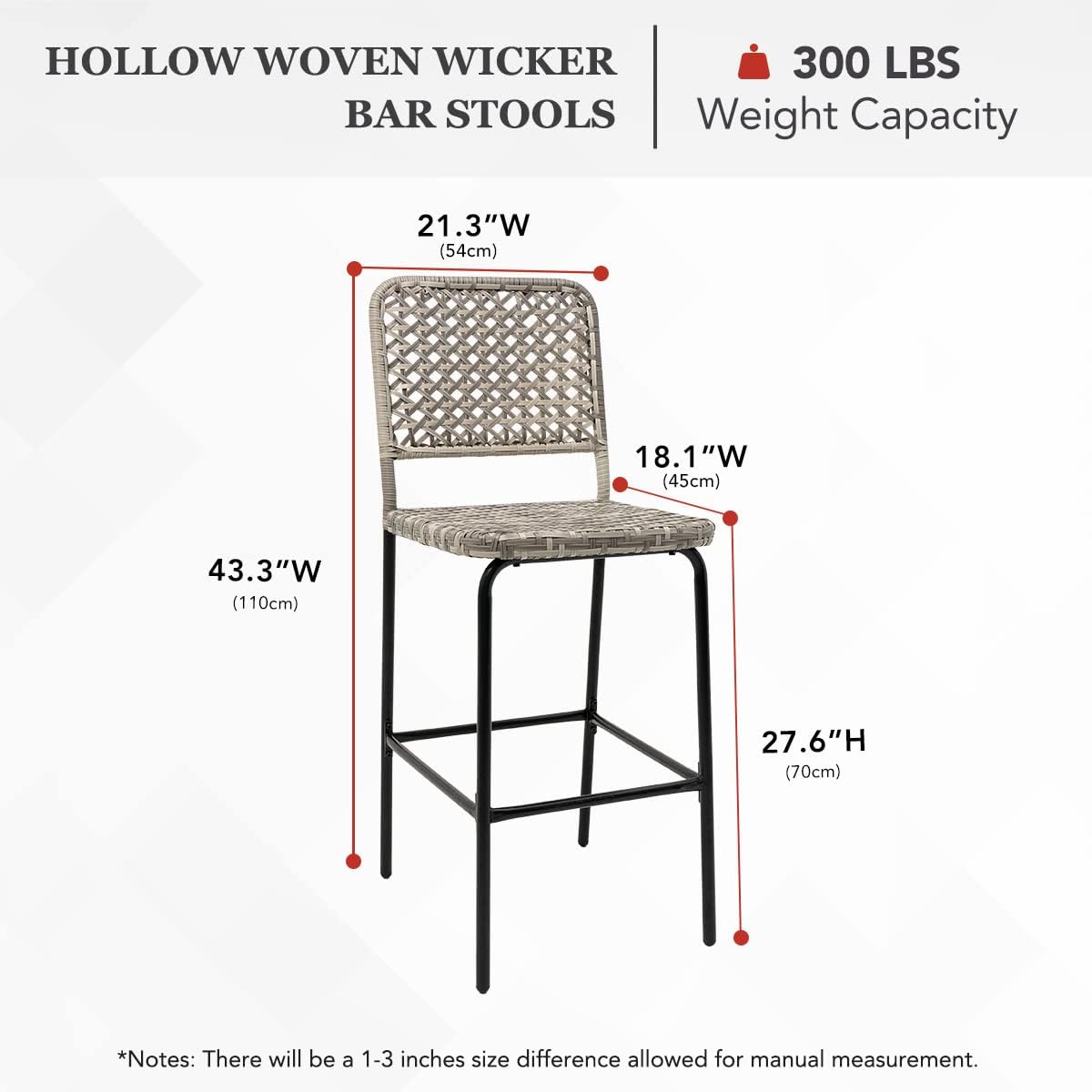 Patio Bar Stools Set of 2, Hand Woven PE Rattan Hollow Back Armless Barstools for Deck Yard Porch, All-Weather Gradient Grey Wicker Outside Tall Chair Set