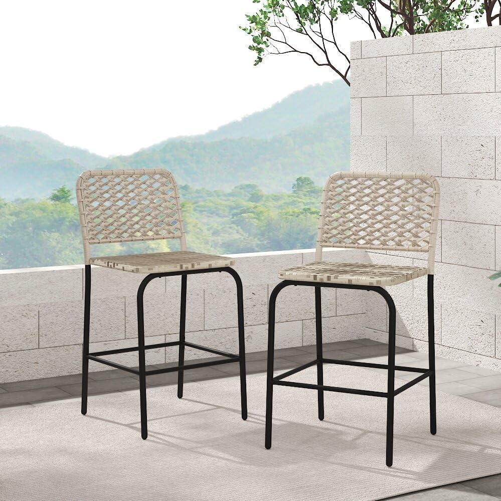 Patio Bar Stools Set of 2, Hand Woven PE Rattan Hollow Back Armless Barstools for Deck Yard Porch, All-Weather Gradient Grey Wicker Outside Tall Chair Set