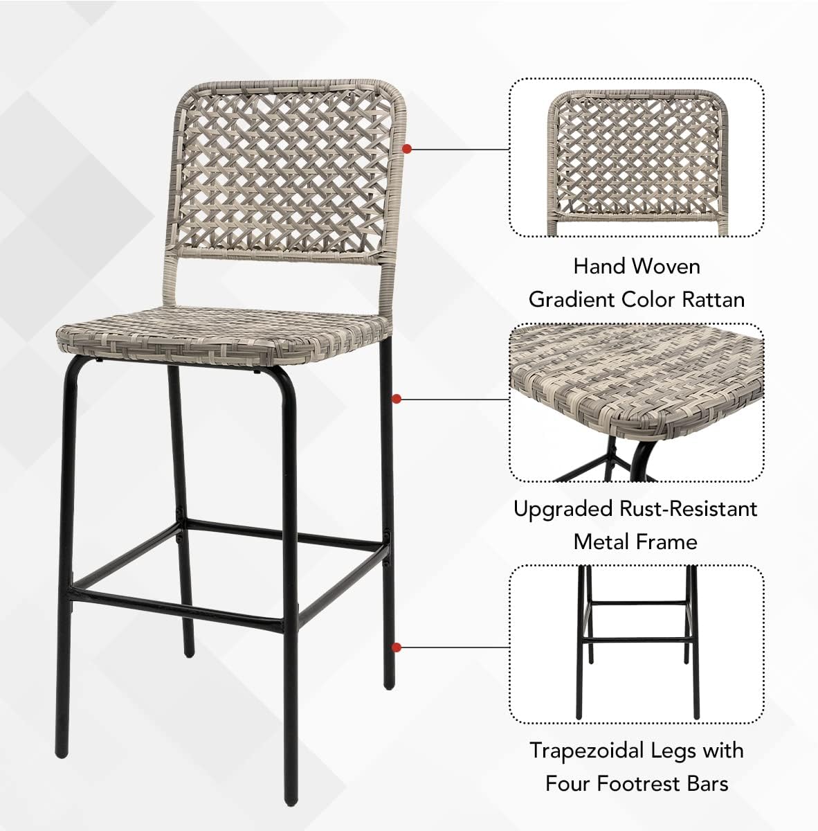 Patio Bar Stools Set of 2, Hand Woven PE Rattan Hollow Back Armless Barstools for Deck Yard Porch, All-Weather Gradient Grey Wicker Outside Tall Chair Set