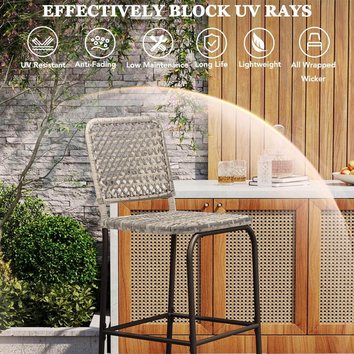 Patio Bar Stools Set of 2, Hand Woven PE Rattan Hollow Back Armless Barstools for Deck Yard Porch, All-Weather Gradient Grey Wicker Outside Tall Chair Set