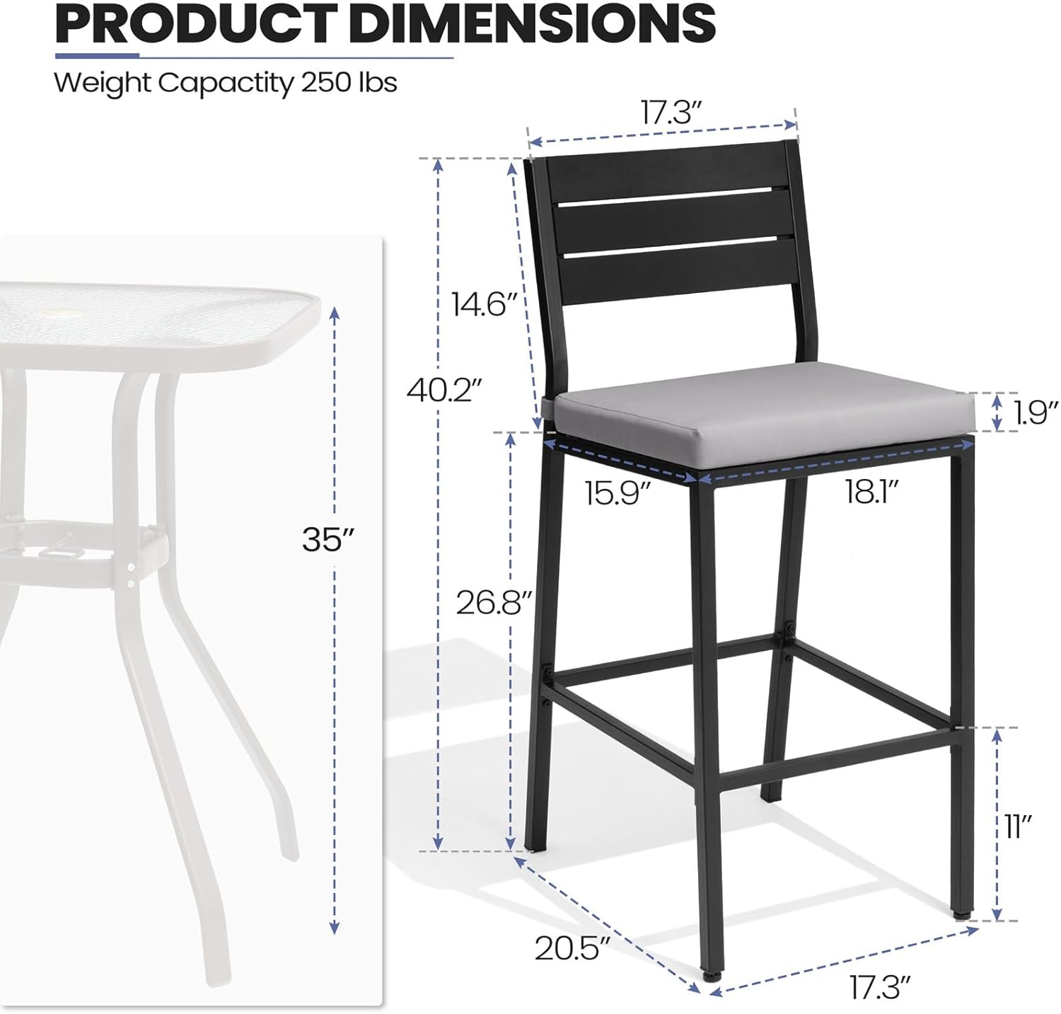 Outdoor Bar Stools Set of 2, Patio Counter Height Bar Stools with Cushions Bistro Tall Chairs with Back and Footrest for Deck, Lawn, Garden, Backyard, Poolside (Light Gray)