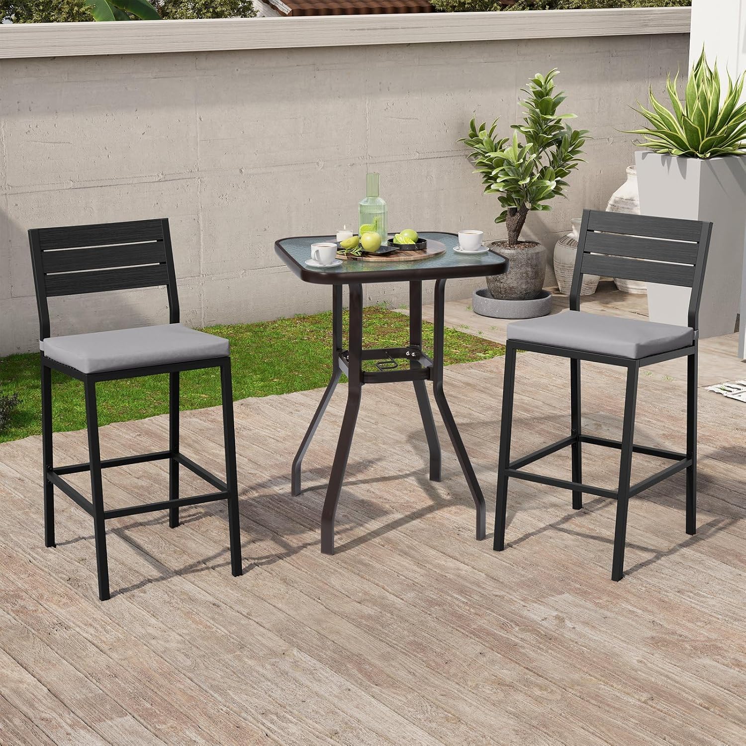 Outdoor Bar Stools Set of 2, Patio Counter Height Bar Stools with Cushions Bistro Tall Chairs with Back and Footrest for Deck, Lawn, Garden, Backyard, Poolside (Light Gray)