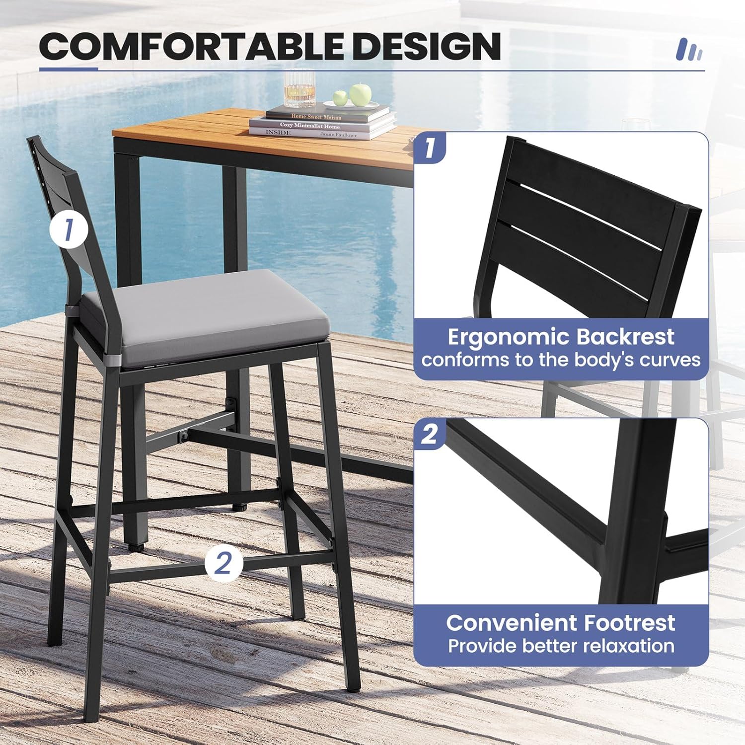 Outdoor Bar Stools Set of 2, Patio Counter Height Bar Stools with Cushions Bistro Tall Chairs with Back and Footrest for Deck, Lawn, Garden, Backyard, Poolside (Light Gray)