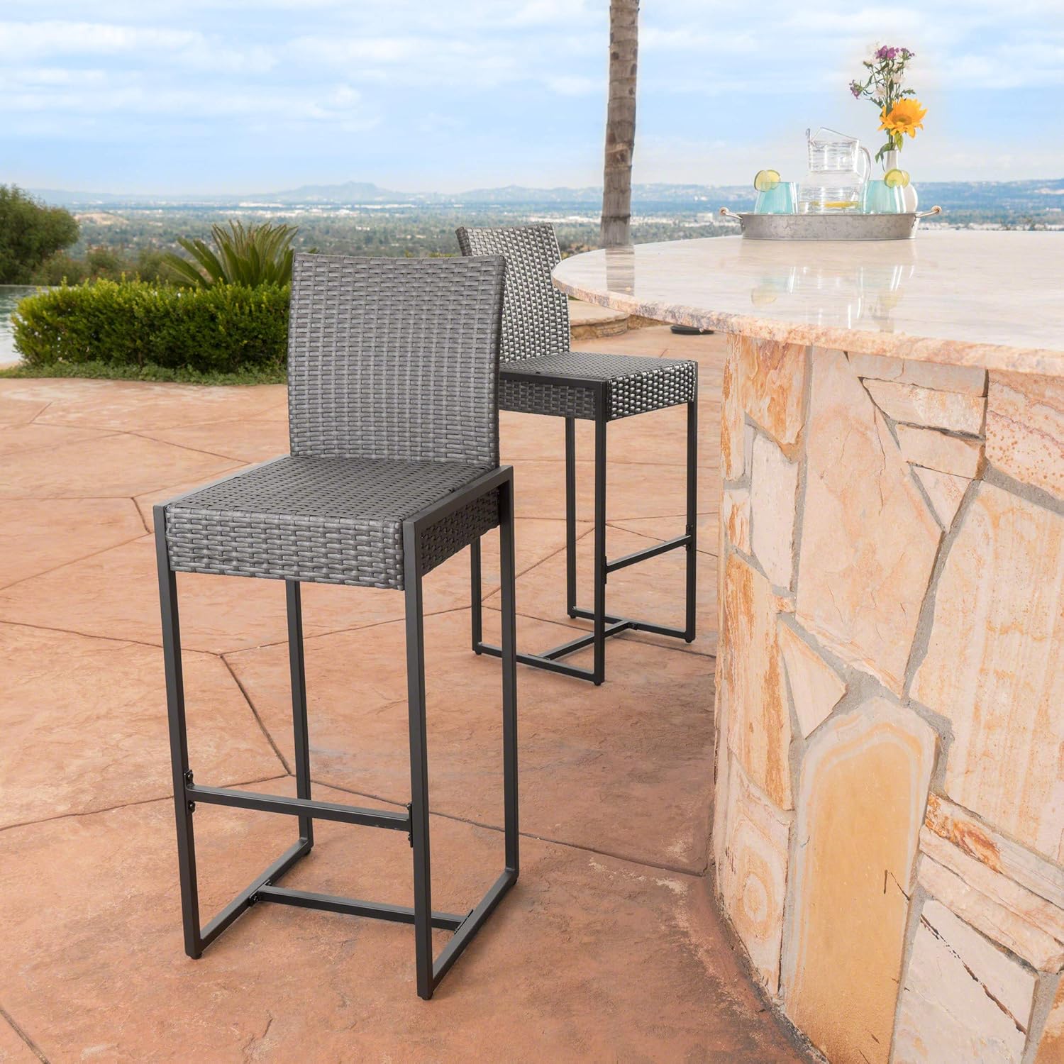 Conrad Outdoor Wicker Barstools, 2-Pcs Set, Grey