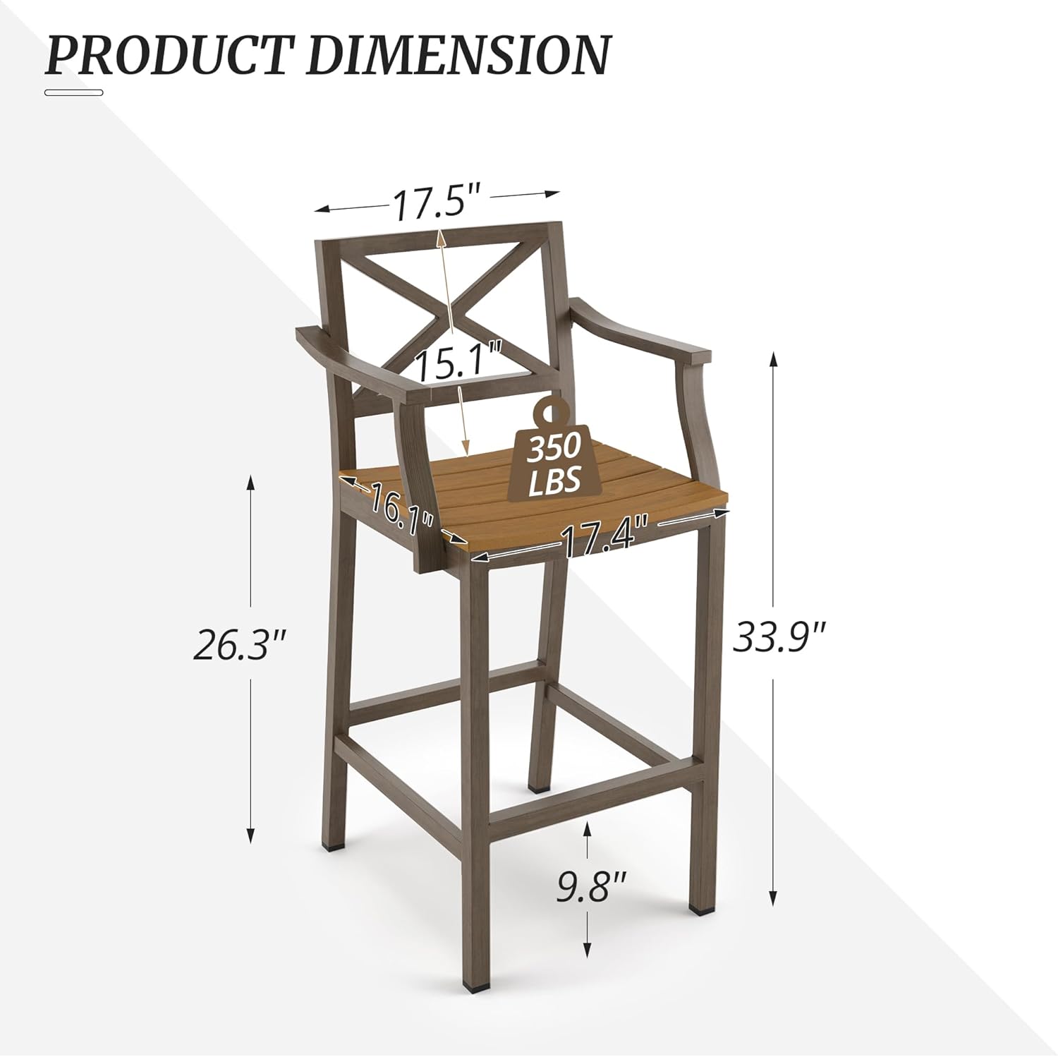 Outdoor Bar Stools Set of 2, 26 Inch All Weather HDPS Patio Counter Height Barstools with Armrest & Footrest, Aluminum Bar Stool Chairs for Hot Tub, Balcony, Yard, Indoor Or Outdoor Use, Teak