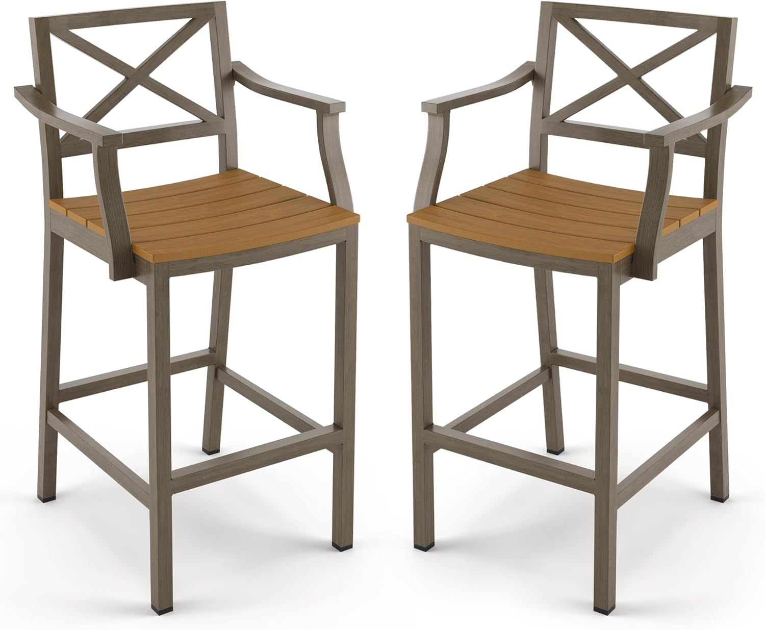 Outdoor Bar Stools Set of 2, 26 Inch All Weather HDPS Patio Counter Height Barstools with Armrest & Footrest, Aluminum Bar Stool Chairs for Hot Tub, Balcony, Yard, Indoor Or Outdoor Use, Teak