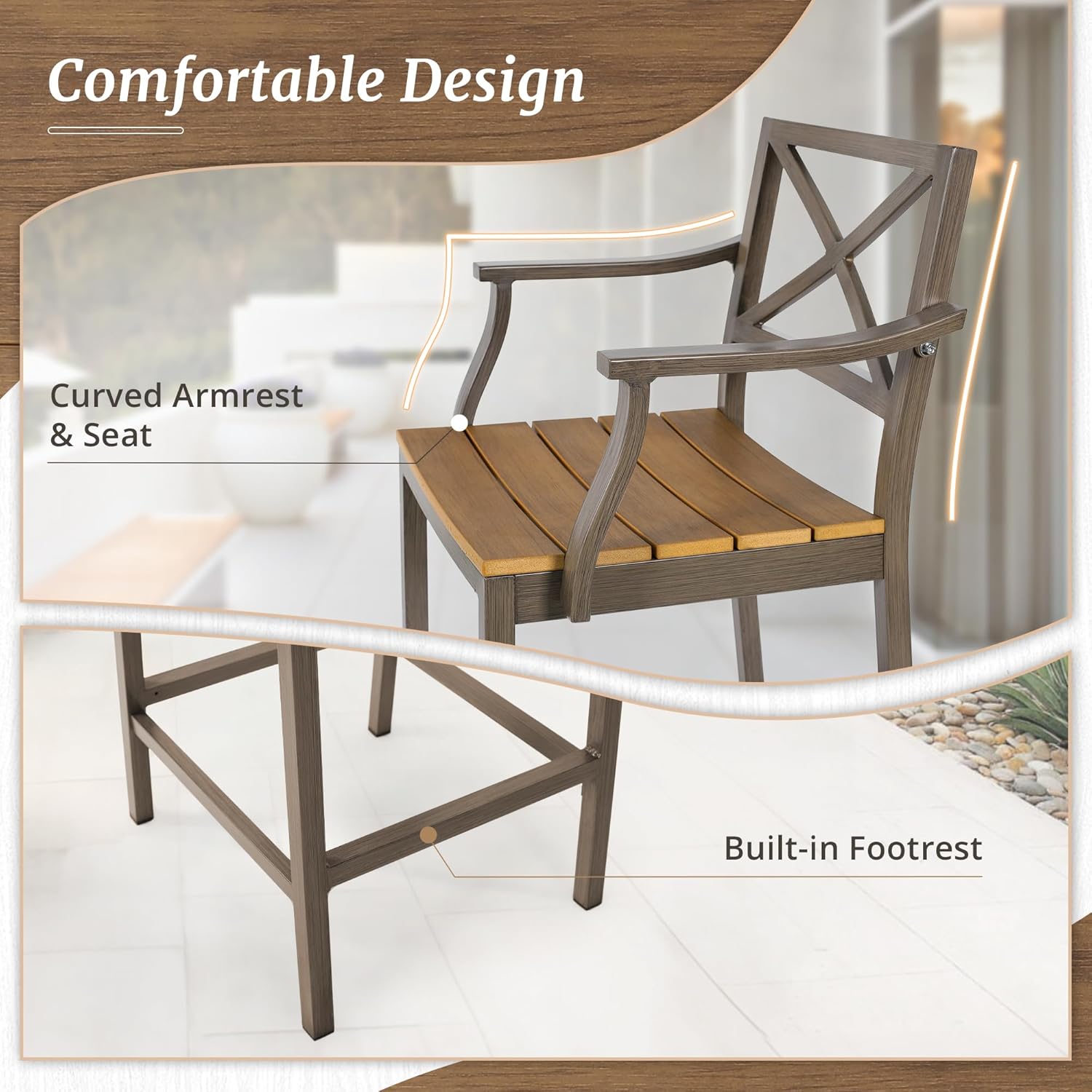 Outdoor Bar Stools Set of 2, 26 Inch All Weather HDPS Patio Counter Height Barstools with Armrest & Footrest, Aluminum Bar Stool Chairs for Hot Tub, Balcony, Yard, Indoor Or Outdoor Use, Teak