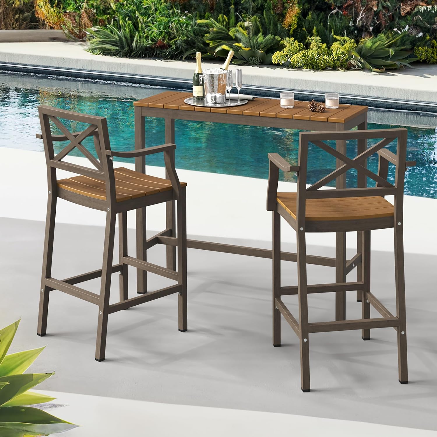 Outdoor Bar Stools Set of 2, 26 Inch All Weather HDPS Patio Counter Height Barstools with Armrest & Footrest, Aluminum Bar Stool Chairs for Hot Tub, Balcony, Yard, Indoor Or Outdoor Use, Teak