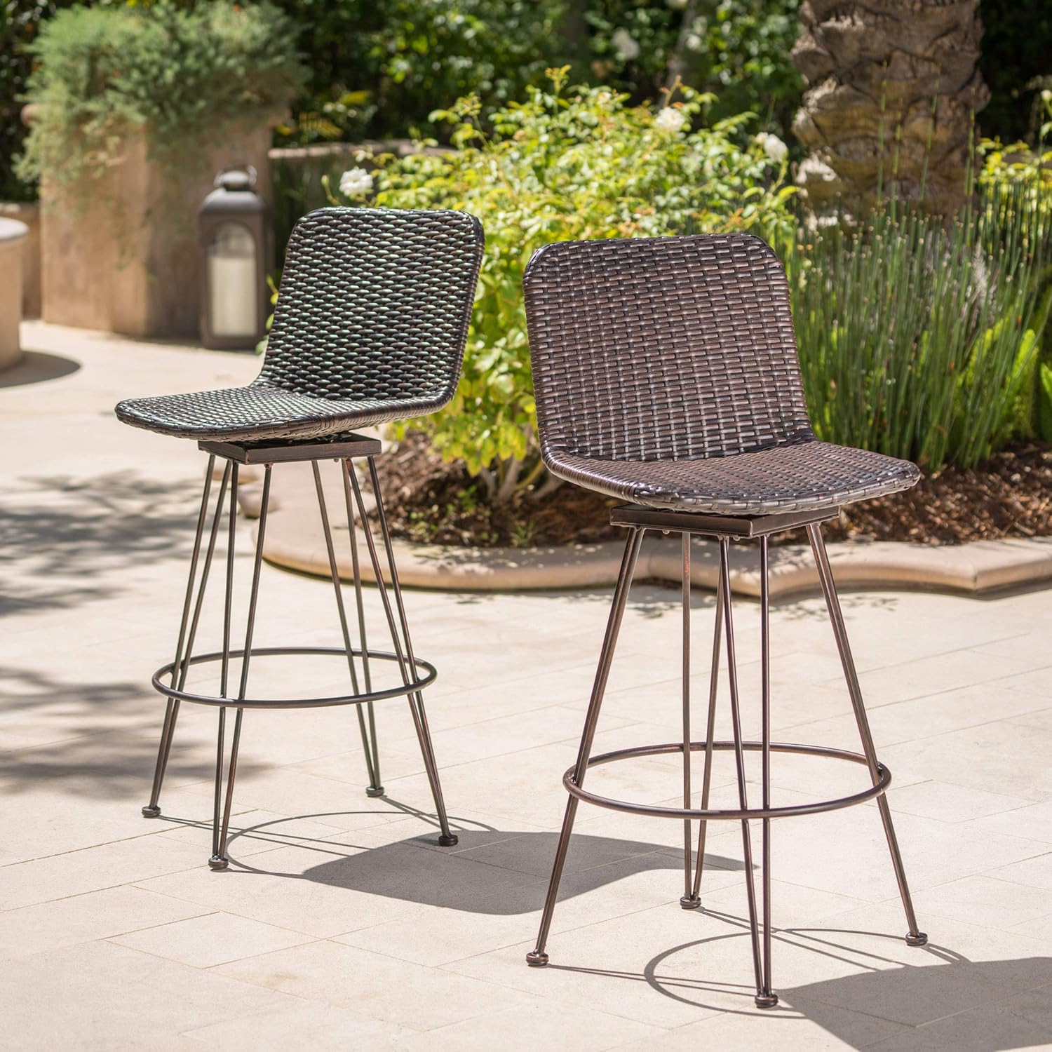 Torrey Outdoor Wicker Barstools with Iron Frame, 2-Pcs Set, Multibrown / Black Copper