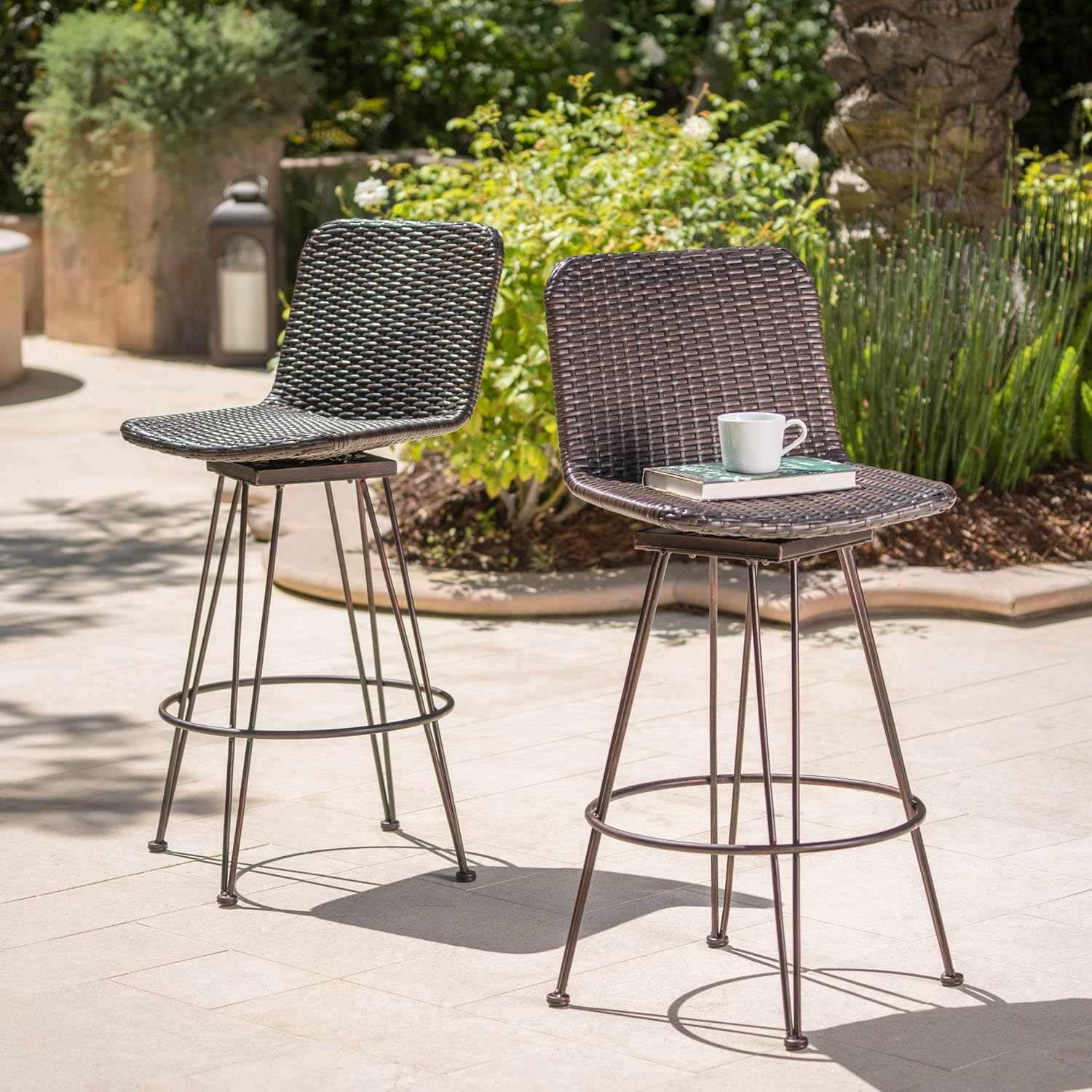 Torrey Outdoor Wicker Barstools with Iron Frame, 2-Pcs Set, Multibrown / Black Copper