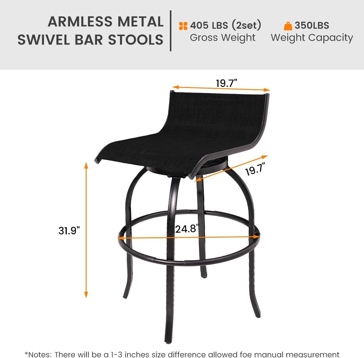 Swivel Bar Stools Set of 2, 32 Inch Seat Height Tall Chairs with Back Armless, Patio Bar Height Sling Barstools, Textilene Fabric High Pub Chairs for Porch Deck Yard, Black
