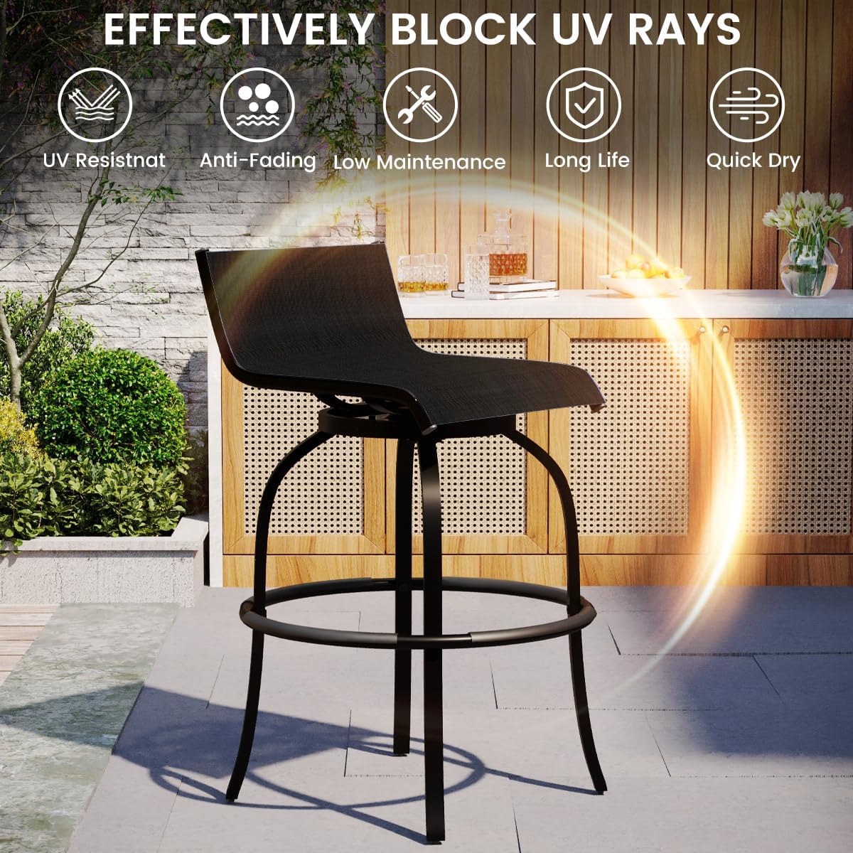 Swivel Bar Stools Set of 2, 32 Inch Seat Height Tall Chairs with Back Armless, Patio Bar Height Sling Barstools, Textilene Fabric High Pub Chairs for Porch Deck Yard, Black