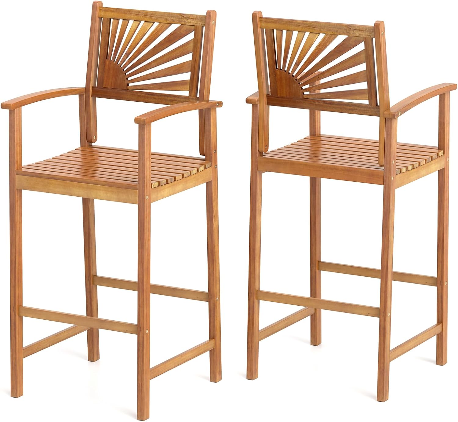Set of 2 Outdoor Acacia Wood Bar Stools, Bar Height Patio Chairs with Backrests, Armrests and Footrests, Patio Bar Chairs for Porch, Balcony, Garden and Backyard 