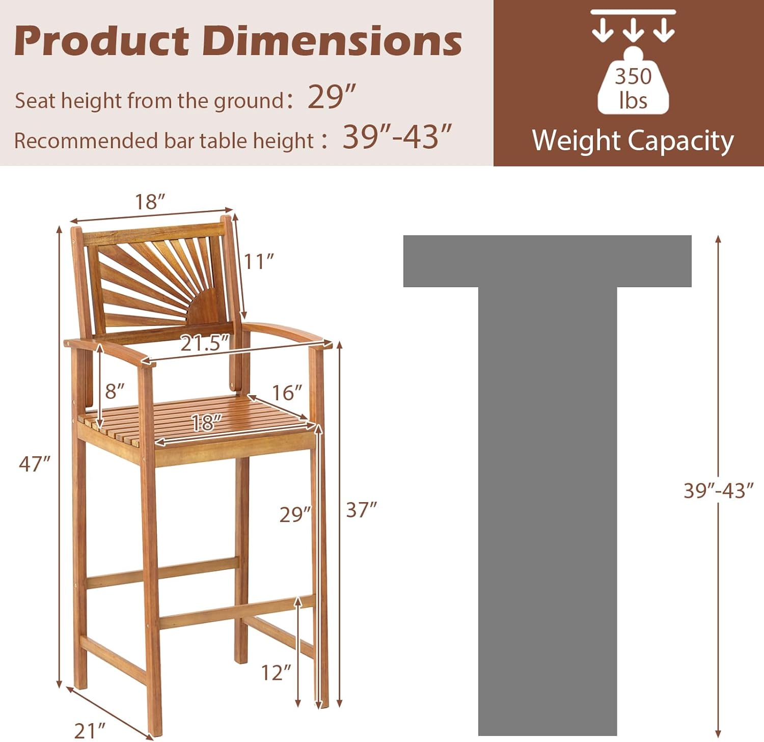 Set of 2 Outdoor Acacia Wood Bar Stools, Bar Height Patio Chairs with Backrests, Armrests and Footrests, Patio Bar Chairs for Porch, Balcony, Garden and Backyard 