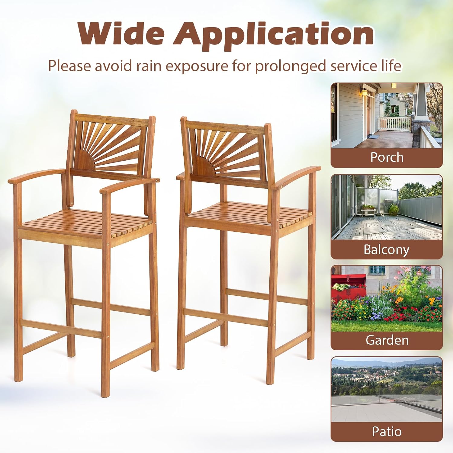 Set of 2 Outdoor Acacia Wood Bar Stools, Bar Height Patio Chairs with Backrests, Armrests and Footrests, Patio Bar Chairs for Porch, Balcony, Garden and Backyard 