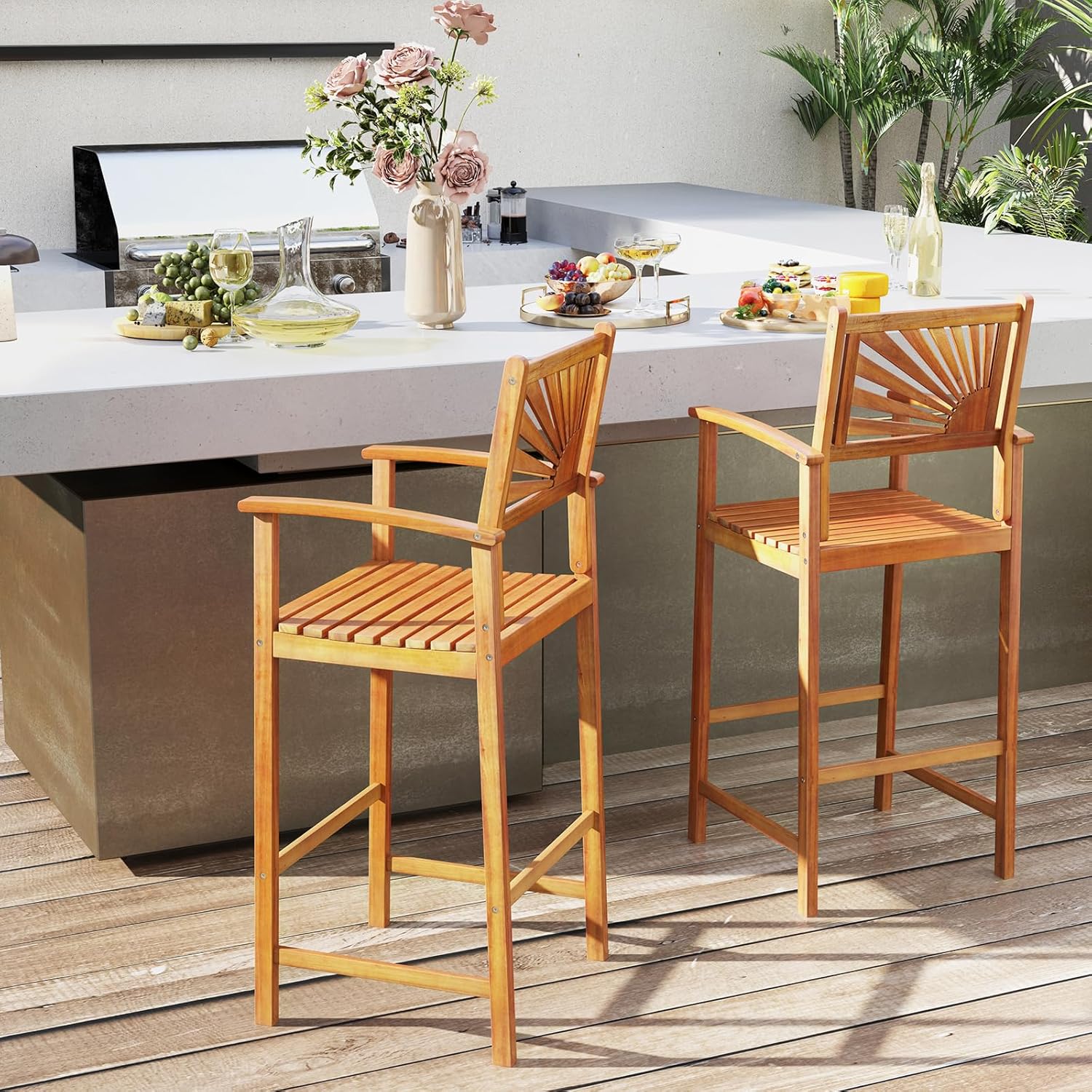 Set of 2 Outdoor Acacia Wood Bar Stools, Bar Height Patio Chairs with Backrests, Armrests and Footrests, Patio Bar Chairs for Porch, Balcony, Garden and Backyard 