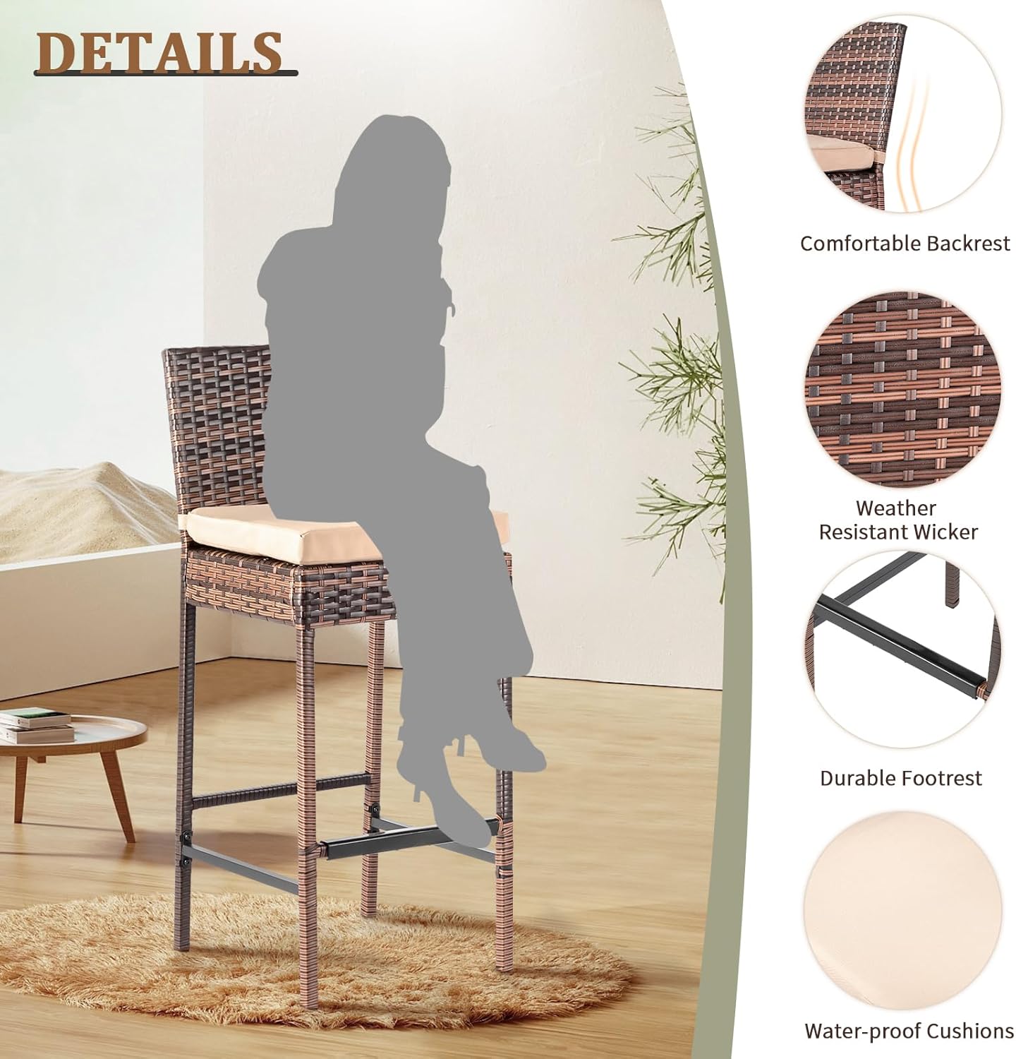 Outdoor Bar Stools Set of 2 with Cushions Wicker Bar Stools, Bar Height Patio Chairs Outdoor Rattan Stool for Garden Pool Lawn Backyard
