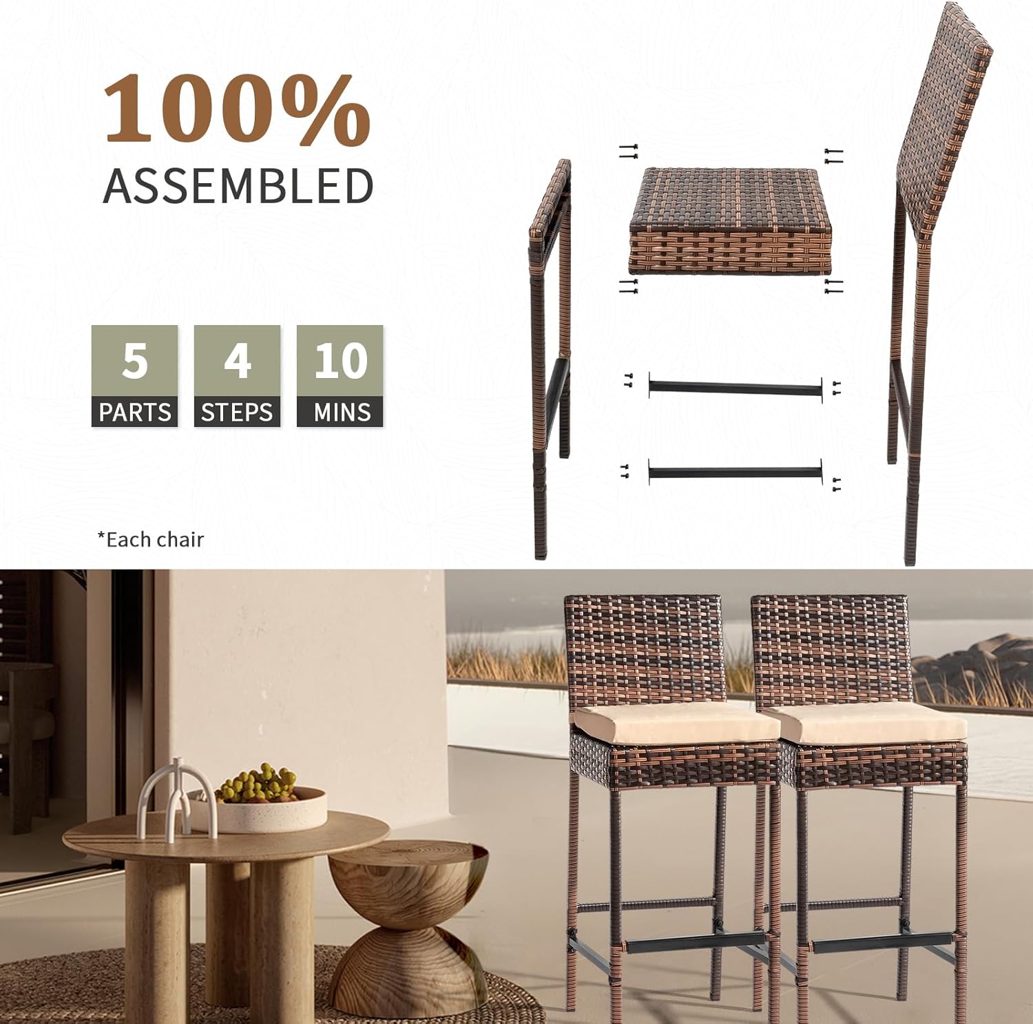 Outdoor Bar Stools Set of 2 with Cushions Wicker Bar Stools, Bar Height Patio Chairs Outdoor Rattan Stool for Garden Pool Lawn Backyard