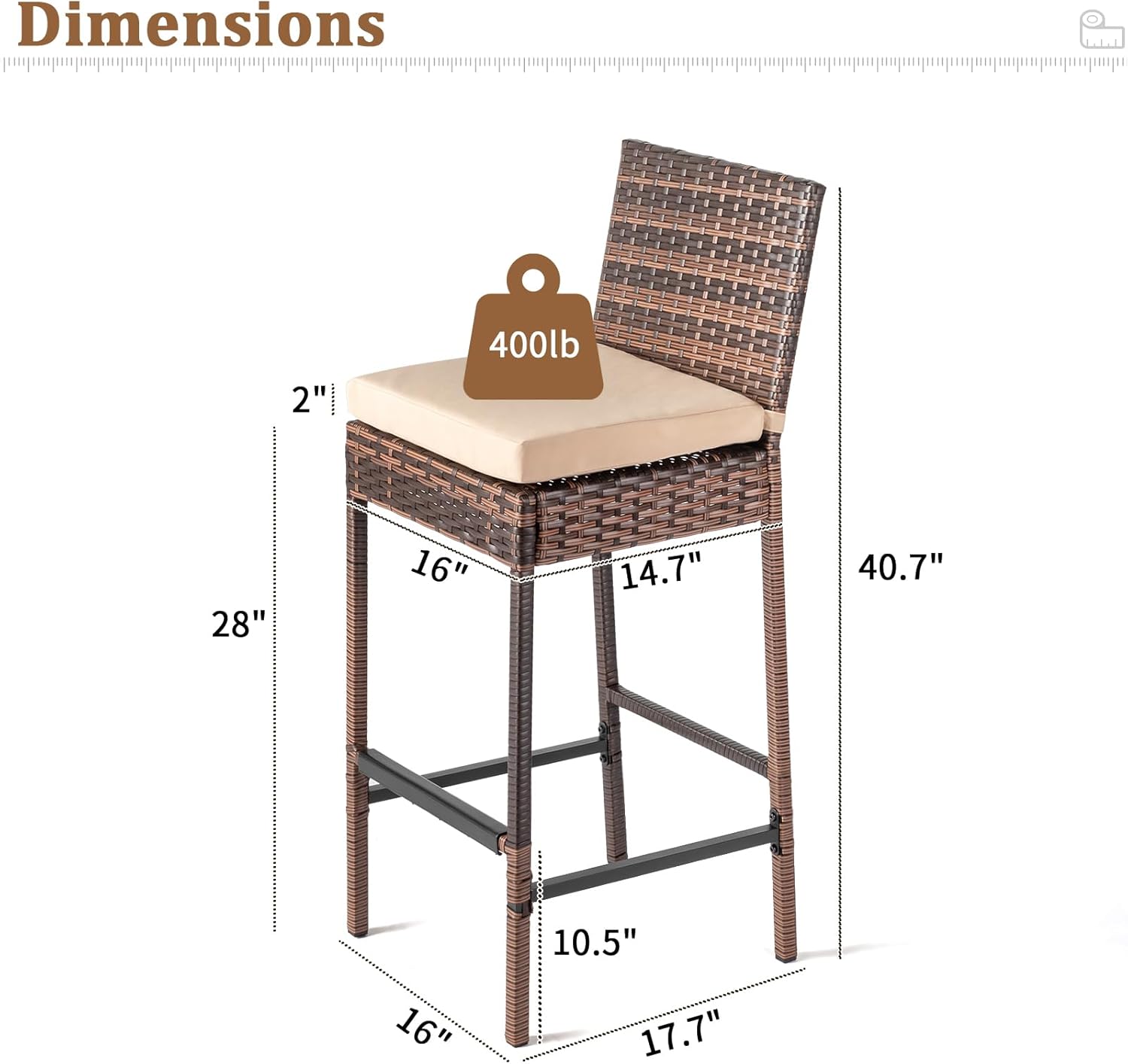 Outdoor Bar Stools Set of 2 with Cushions Wicker Bar Stools, Bar Height Patio Chairs Outdoor Rattan Stool for Garden Pool Lawn Backyard