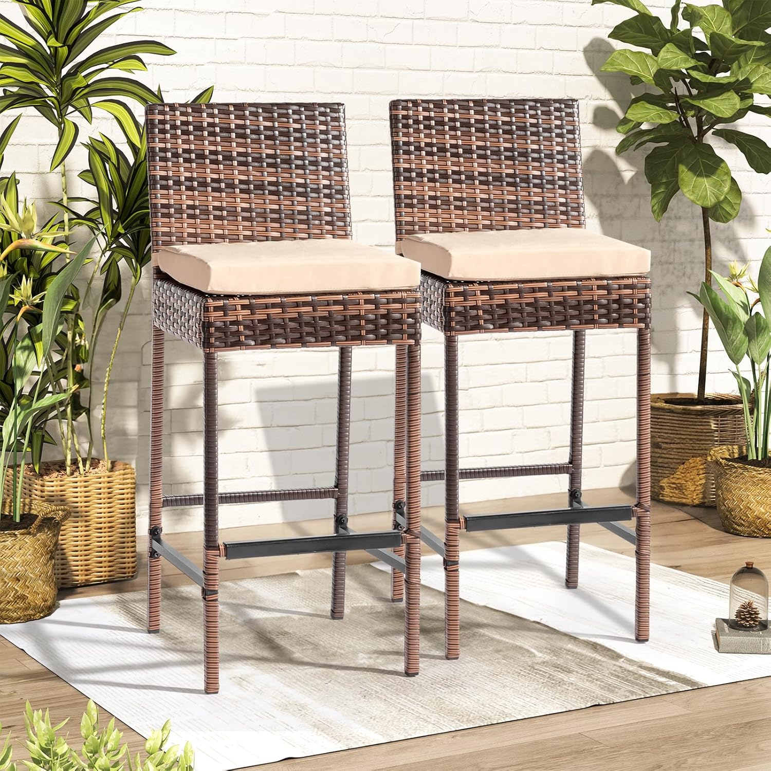Outdoor Bar Stools Set of 2 with Cushions Wicker Bar Stools, Bar Height Patio Chairs Outdoor Rattan Stool for Garden Pool Lawn Backyard
