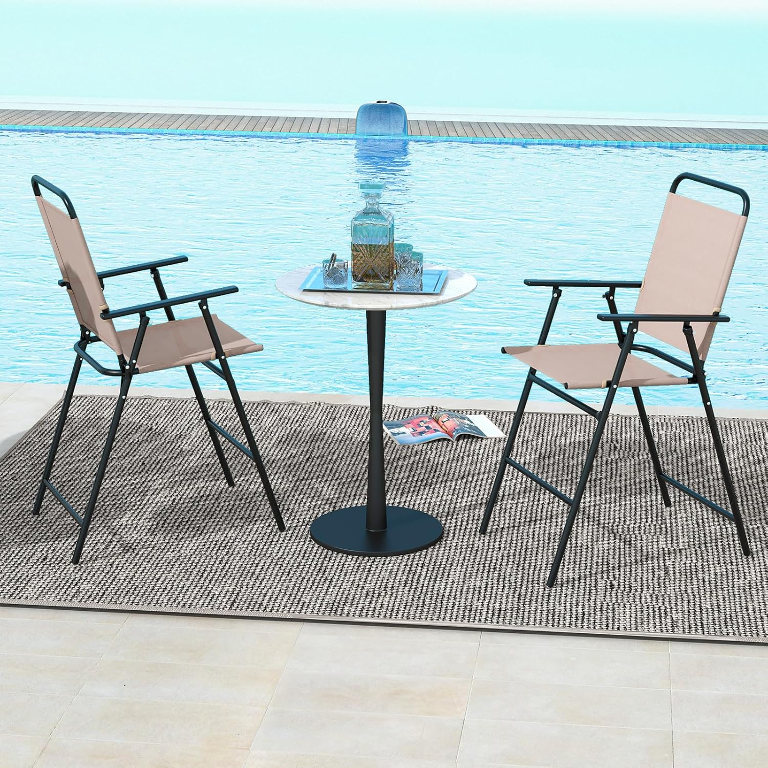 Outdoor Folding Bar Chair Set of 2, Bar-Height Patio Chairs with Backrest, Armrests, Footrest, Metal Frame, Patio Furniture Chair Set for Backyard Poolside Balcony, 330 LBS Capacity 