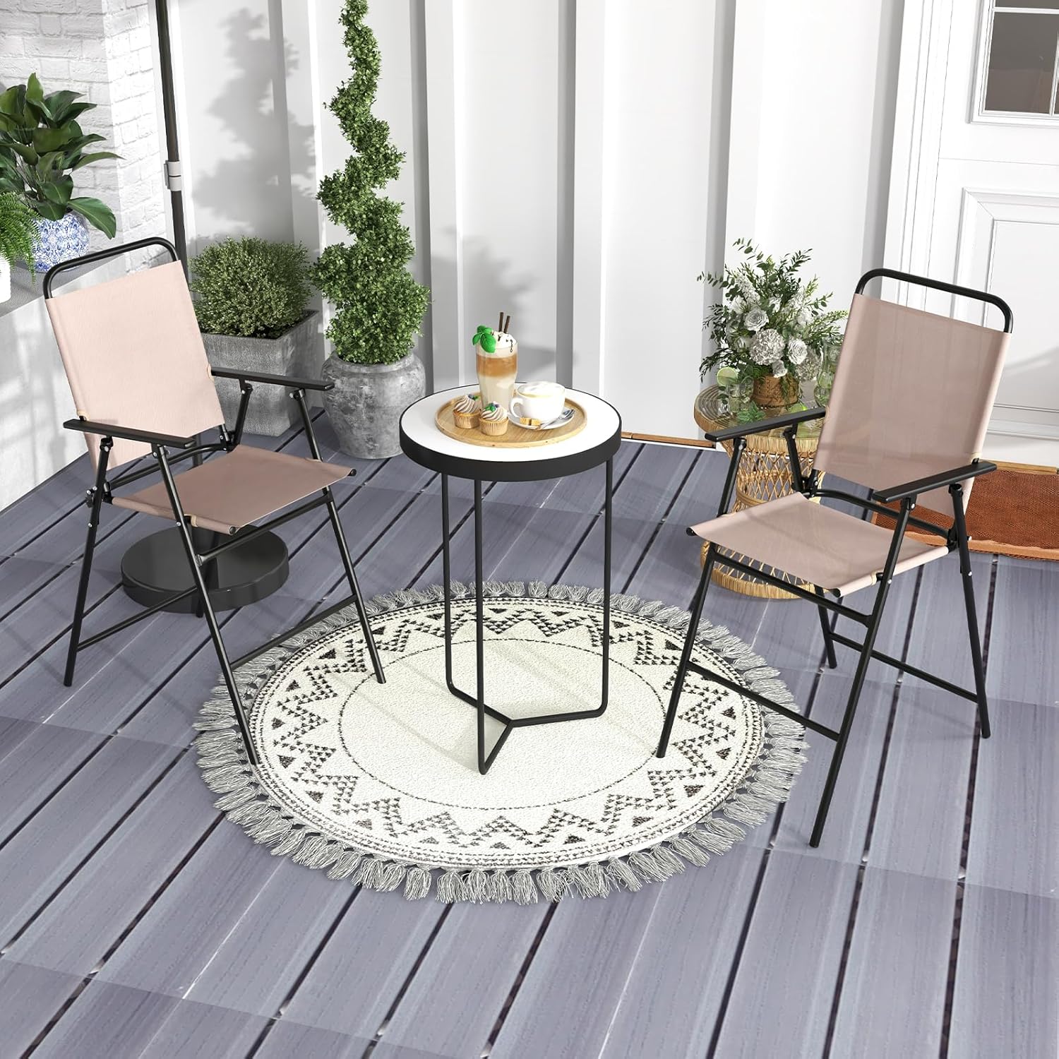 Outdoor Folding Bar Chair Set of 2, Bar-Height Patio Chairs with Backrest, Armrests, Footrest, Metal Frame, Patio Furniture Chair Set for Backyard Poolside Balcony, 330 LBS Capacity 