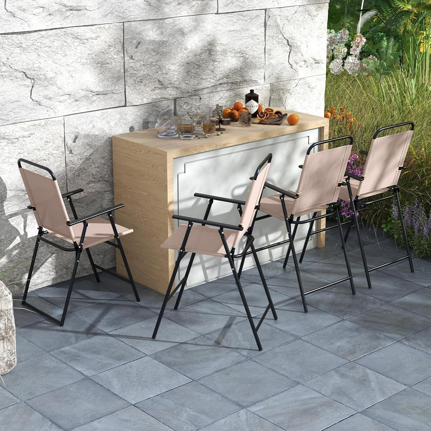 Outdoor Folding Bar Chair Set of 2, Bar-Height Patio Chairs with Backrest, Armrests, Footrest, Metal Frame, Patio Furniture Chair Set for Backyard Poolside Balcony, 330 LBS Capacity 