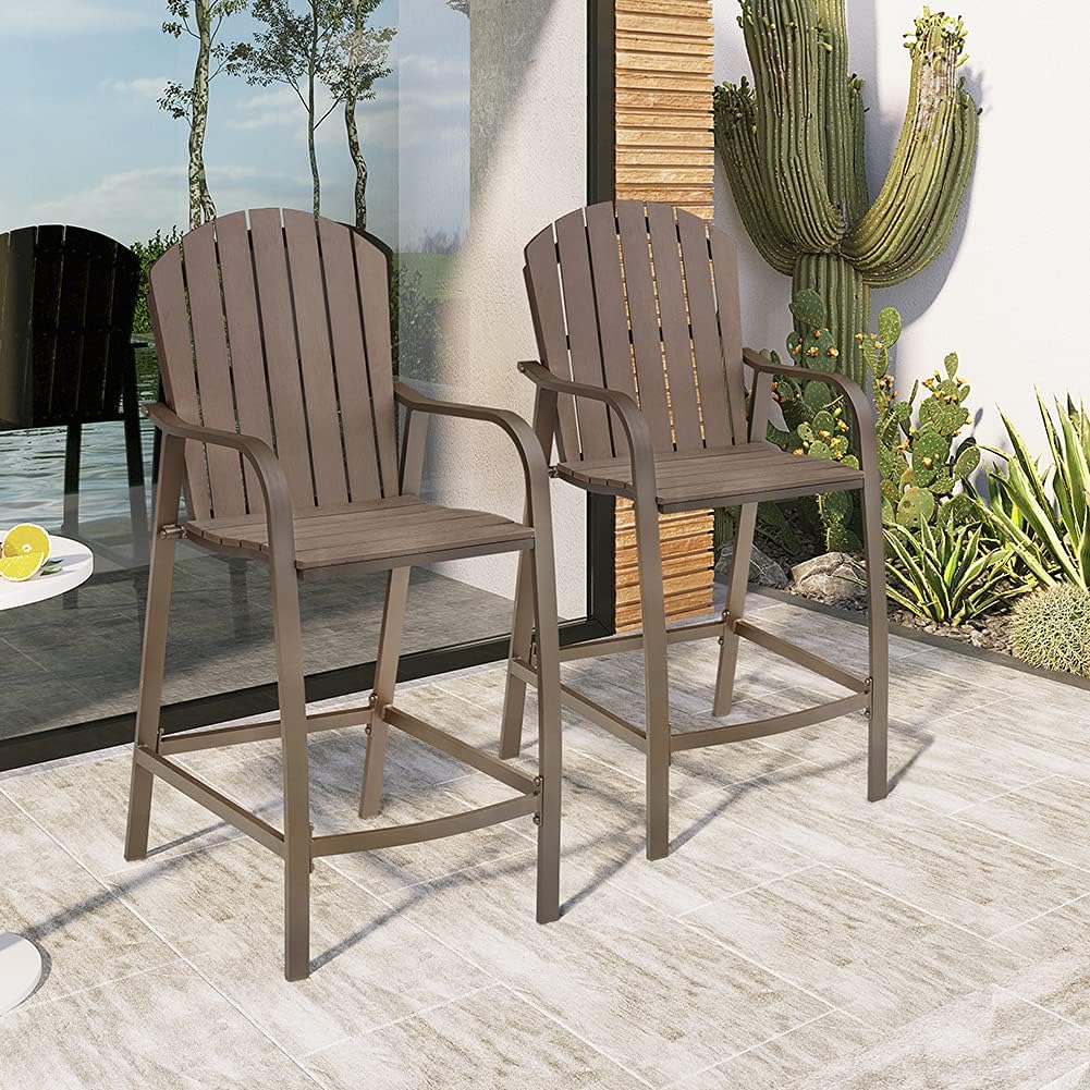 Patio Wood Bar Stools Counter Height Chairs All Weather Furniture with Heavy Duty Aluminum Frame in Brown Finish for Outdoor Indoor, Pack of 2 (Brown)