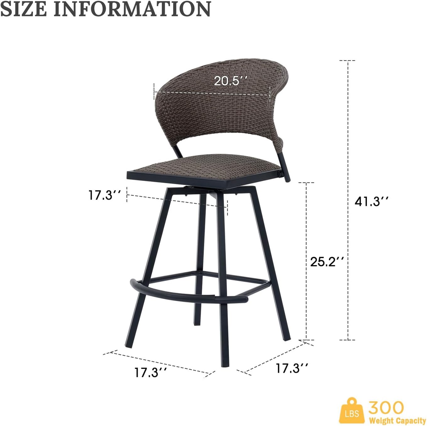 Patio Bar Stool Chairs with Footrests and Padded Seat, Bar Height Swivel Patio Chairs Set of 2, Brown Woven Wicker Swivel Bar Stools for Lawn Garden