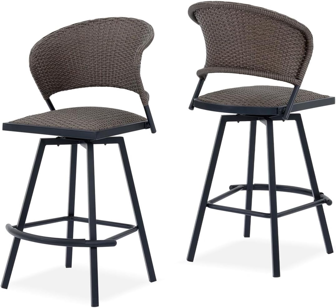 Patio Bar Stool Chairs with Footrests and Padded Seat, Bar Height Swivel Patio Chairs Set of 2, Brown Woven Wicker Swivel Bar Stools for Lawn Garden