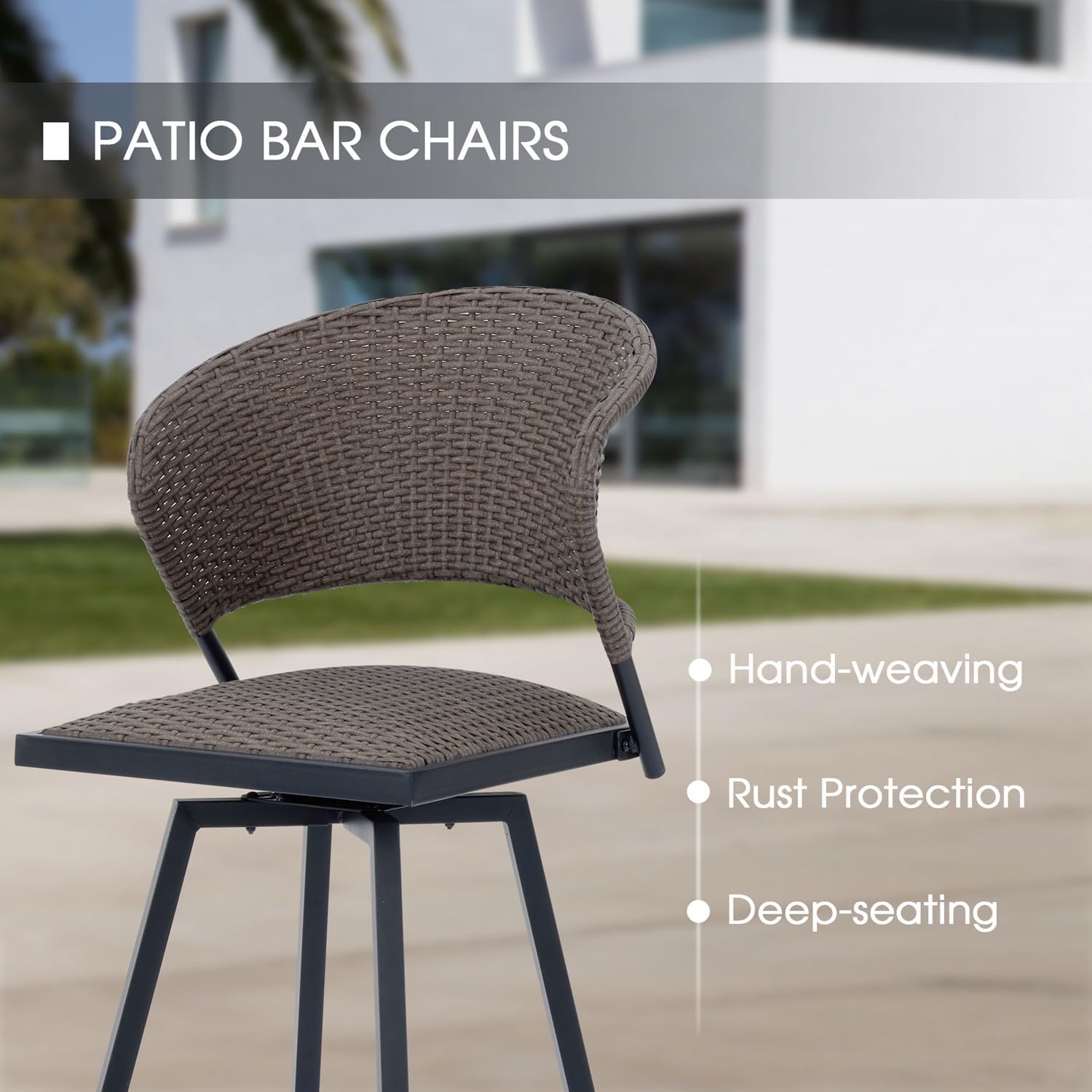 Patio Bar Stool Chairs with Footrests and Padded Seat, Bar Height Swivel Patio Chairs Set of 2, Brown Woven Wicker Swivel Bar Stools for Lawn Garden