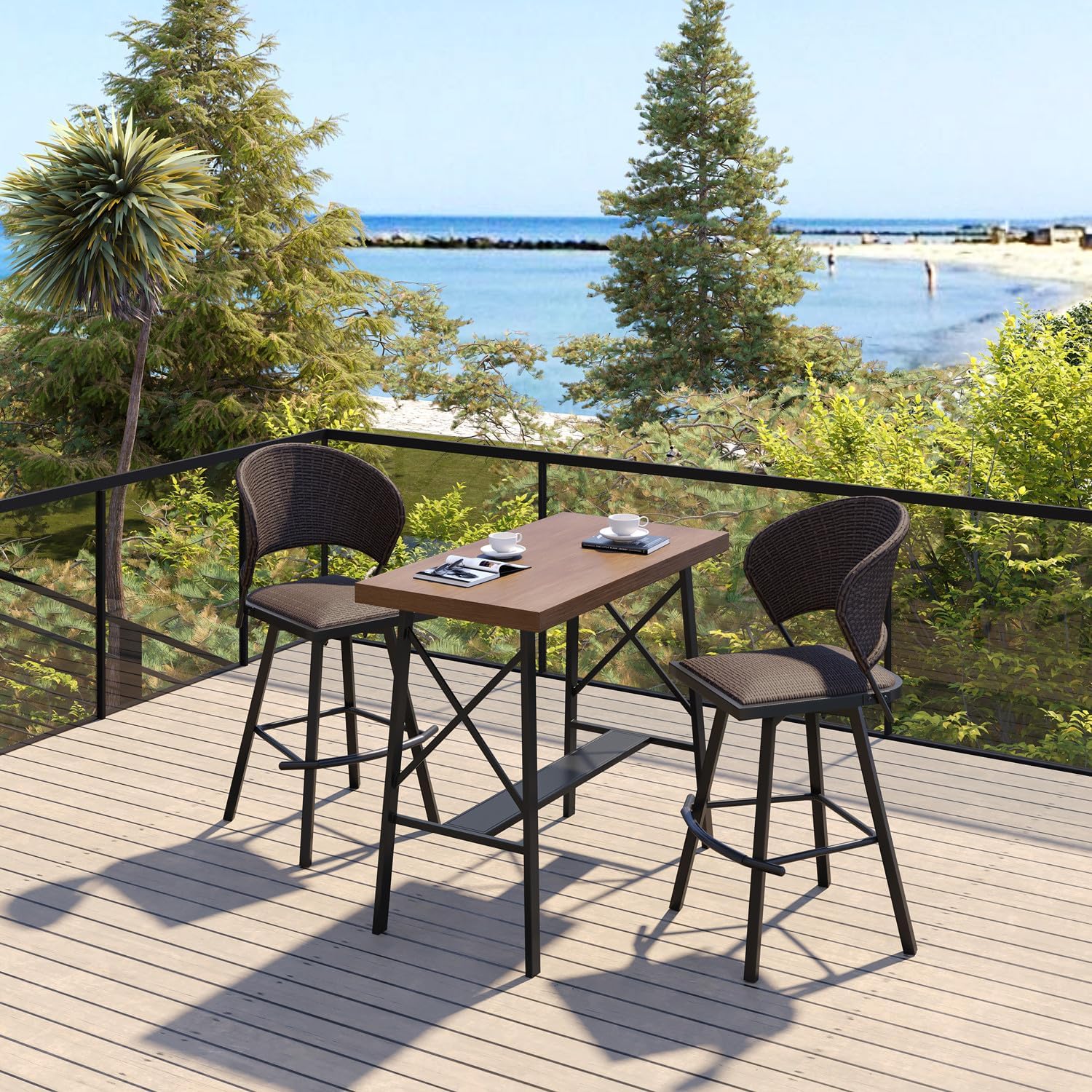 Patio Bar Stool Chairs with Footrests and Padded Seat, Bar Height Swivel Patio Chairs Set of 2, Brown Woven Wicker Swivel Bar Stools for Lawn Garden