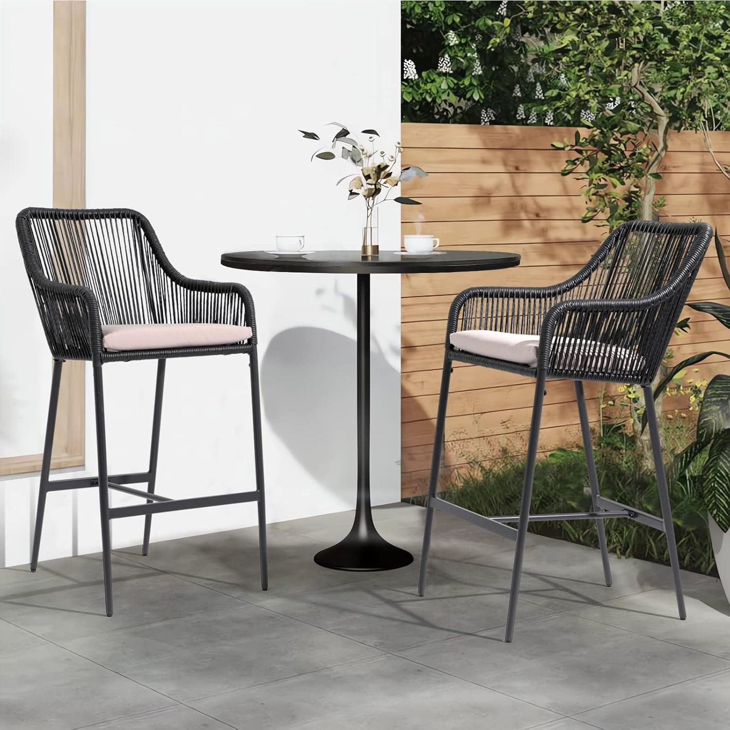 Wicker Bar Stools Set of 2, Patio Outdoor Rattan Rope Bar Height Chairs with Cushions, Armrest and Footrest for Indoor, Garden, Poolside, Lawn, Backyard, Black