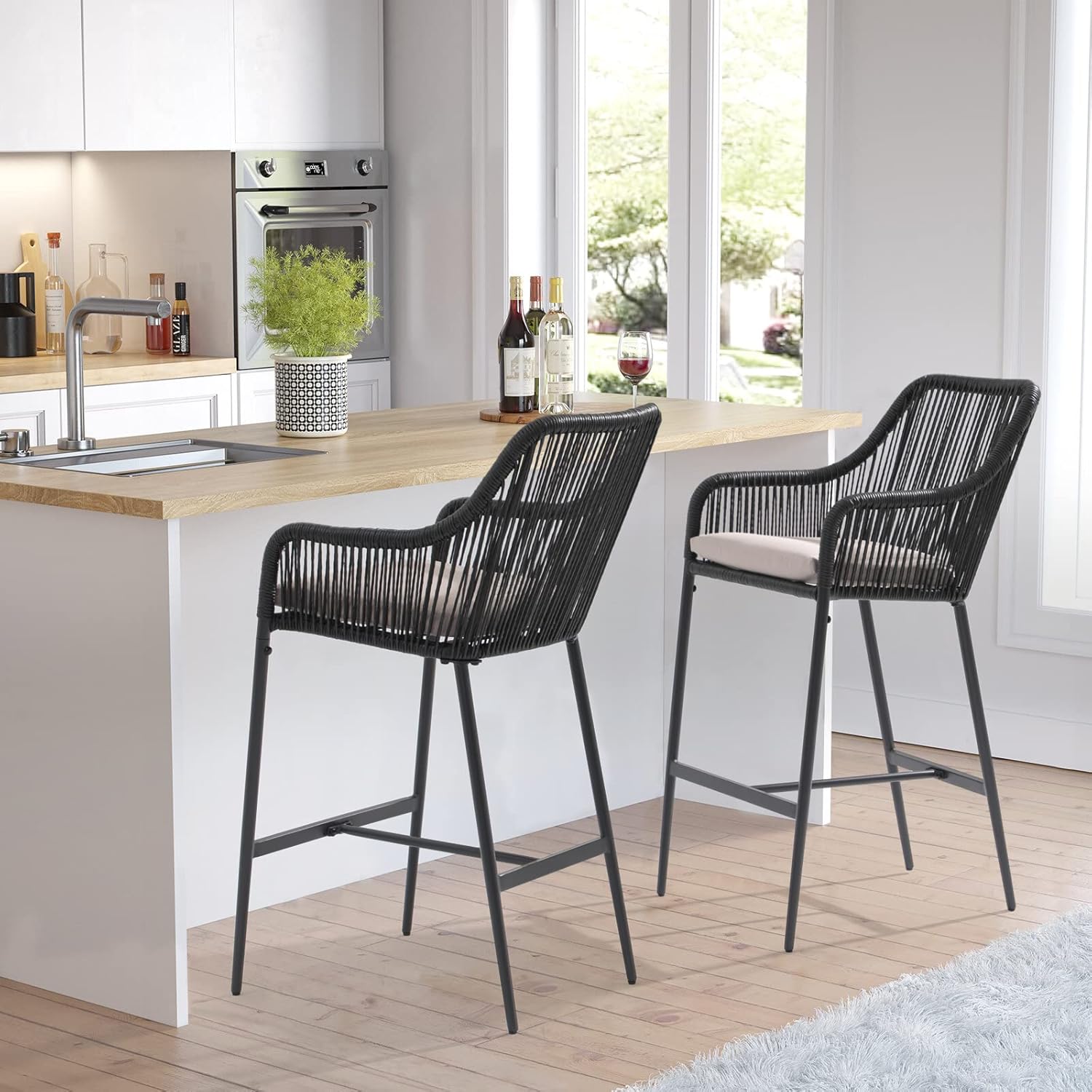 Wicker Bar Stools Set of 2, Patio Outdoor Rattan Rope Bar Height Chairs with Cushions, Armrest and Footrest for Indoor, Garden, Poolside, Lawn, Backyard, Black