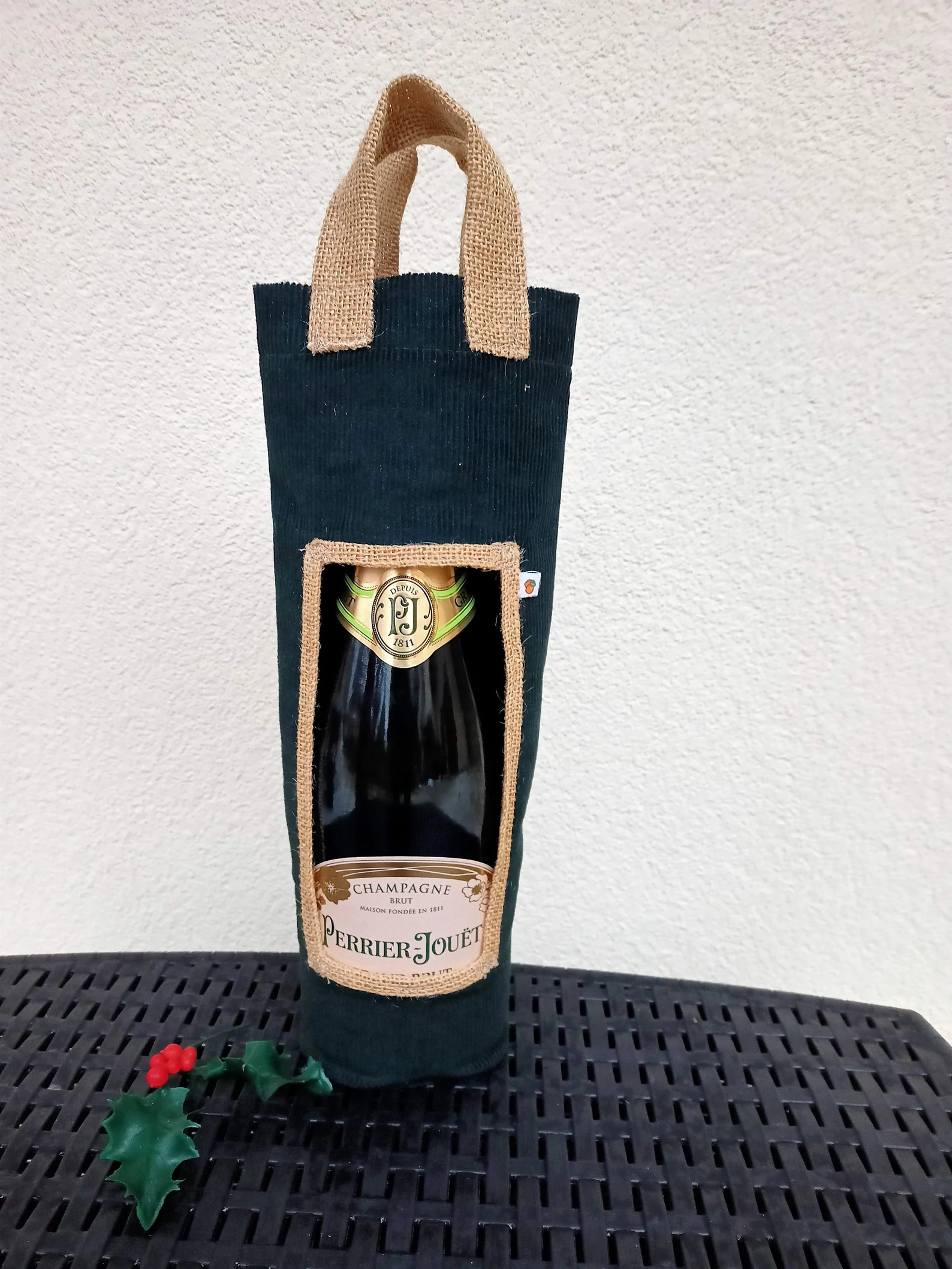 Porte Bouteille velours vert sapin et toile de jute