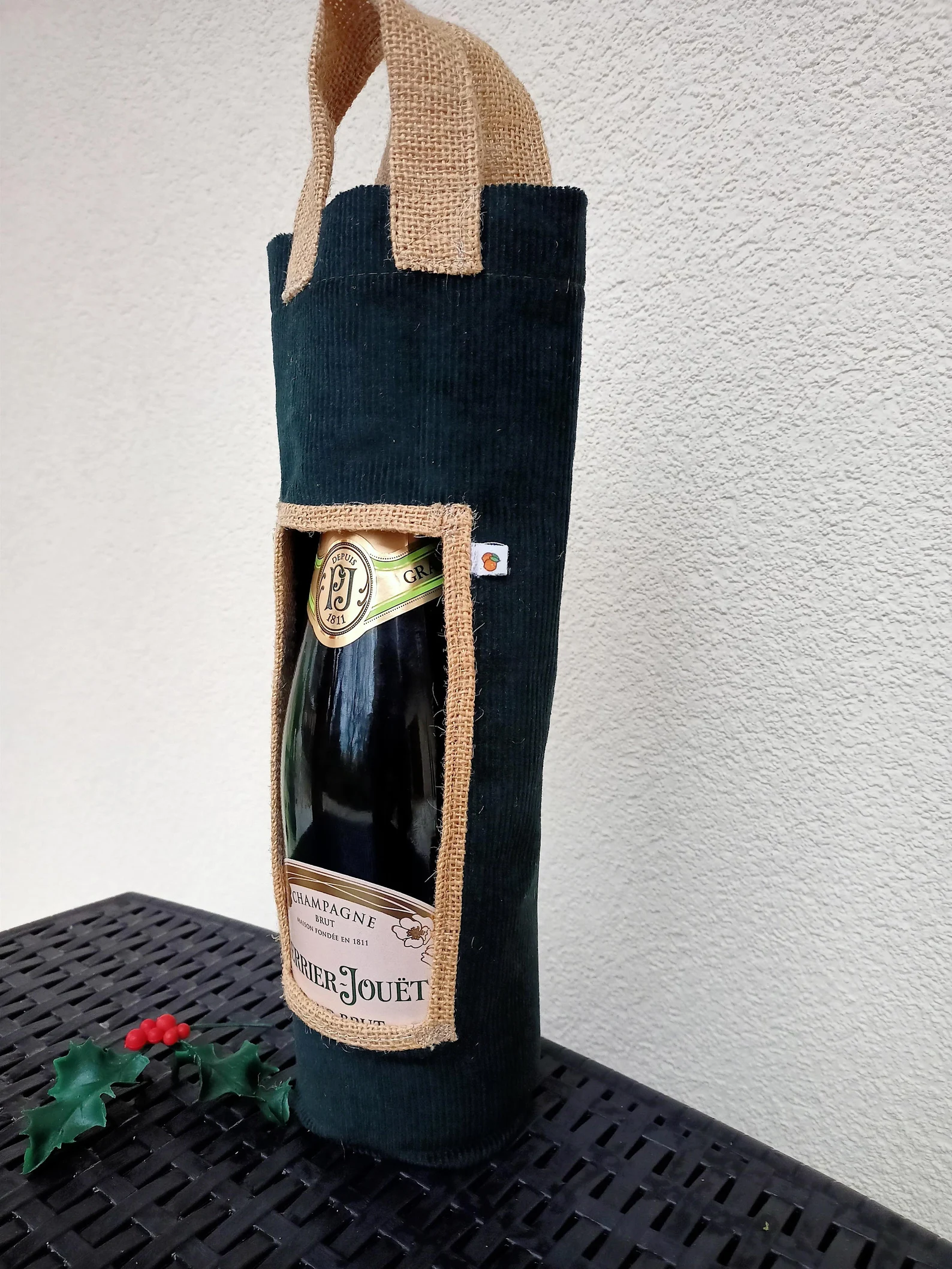 Porte Bouteille velours vert sapin et toile de jute