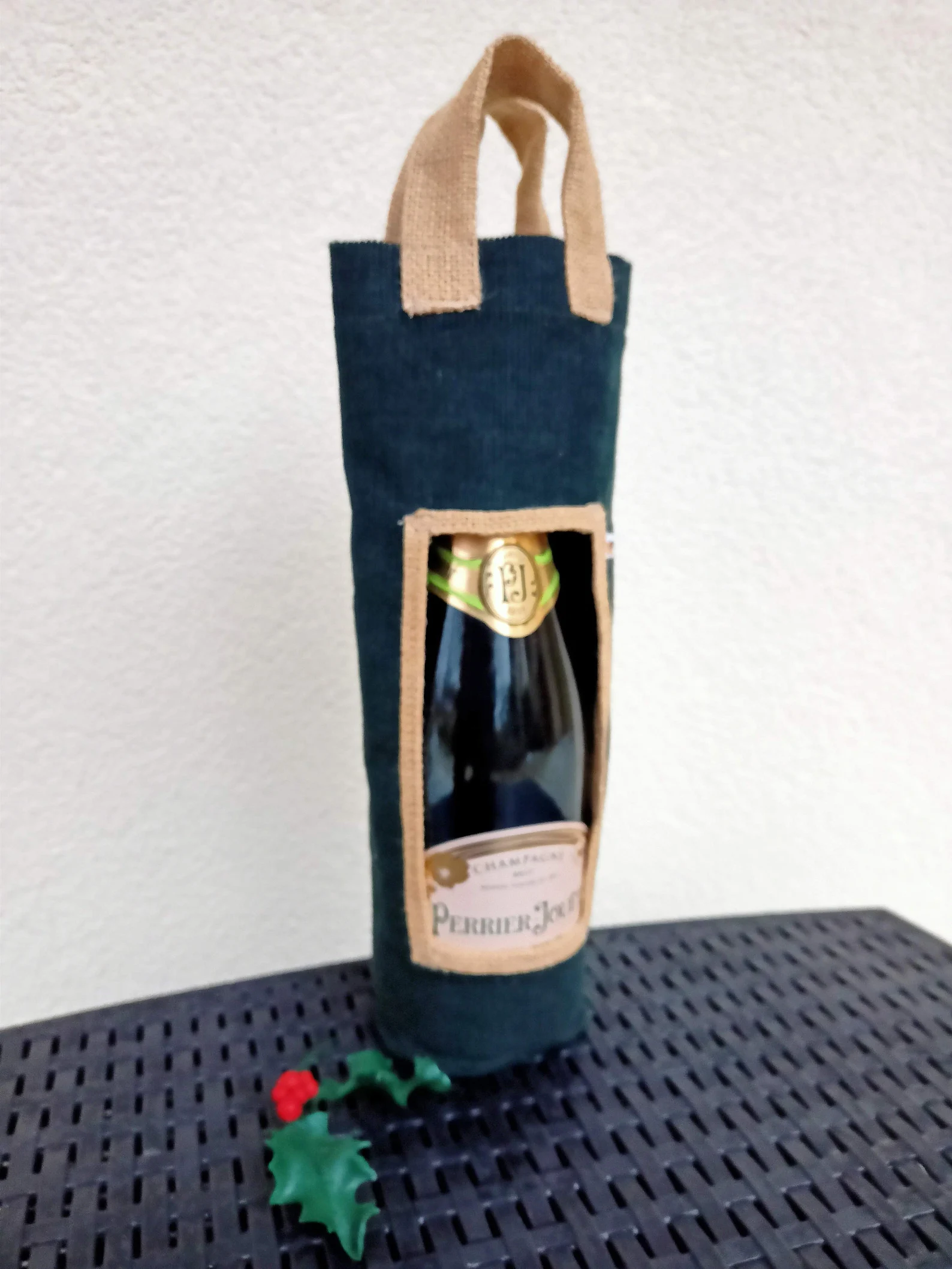 Porte Bouteille velours vert sapin et toile de jute