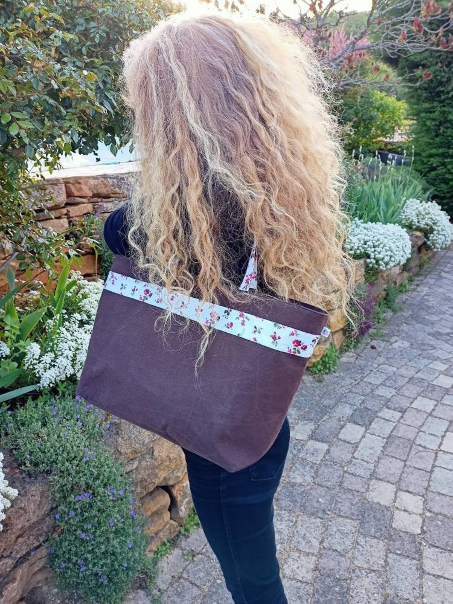 Sac de plage, sac cabas en lin, doublé liberty. avec poches intérieures